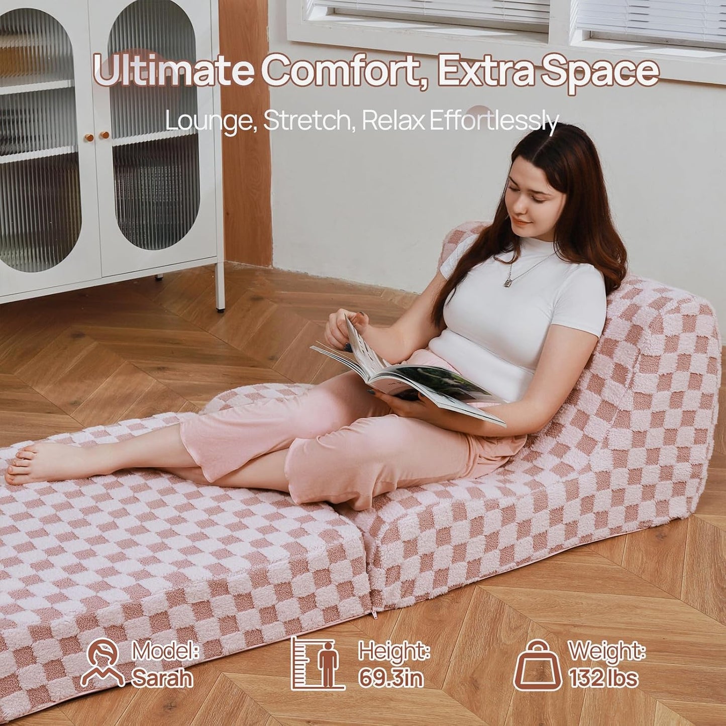 Bean Bag Chair with Checkerboard Shaker Fleece Fabric, Folding Sofa Bed, Floor Sleeper Lounge Chair, Lazy Sofa for Living Room, Bedroom, Apartments (Iceberry Pink)