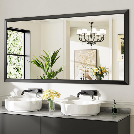 72x36 Inch Black Bathroom Mirror for Wall, Thick Metal Framed Rectangle Mirrors for Over Sink, Bedroom, Living Room, Entryway, Anti-Rust, HD Tempered Glass