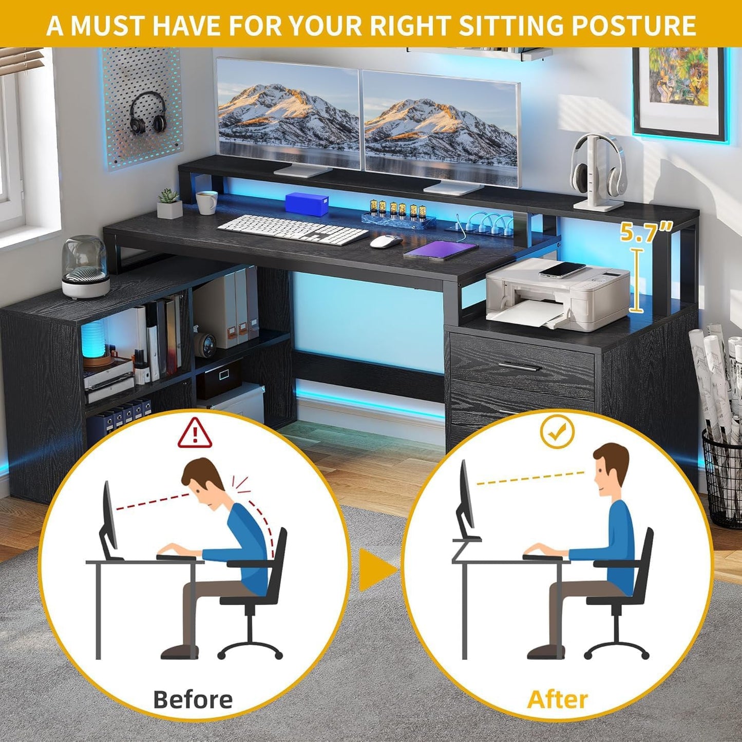 DWVO L Shaped Desk with Drawers, 65" Computer Desk with Power Outlets & LED Lights, Corner Home Office Desk with Storage Shelves & Printer Stand, Black