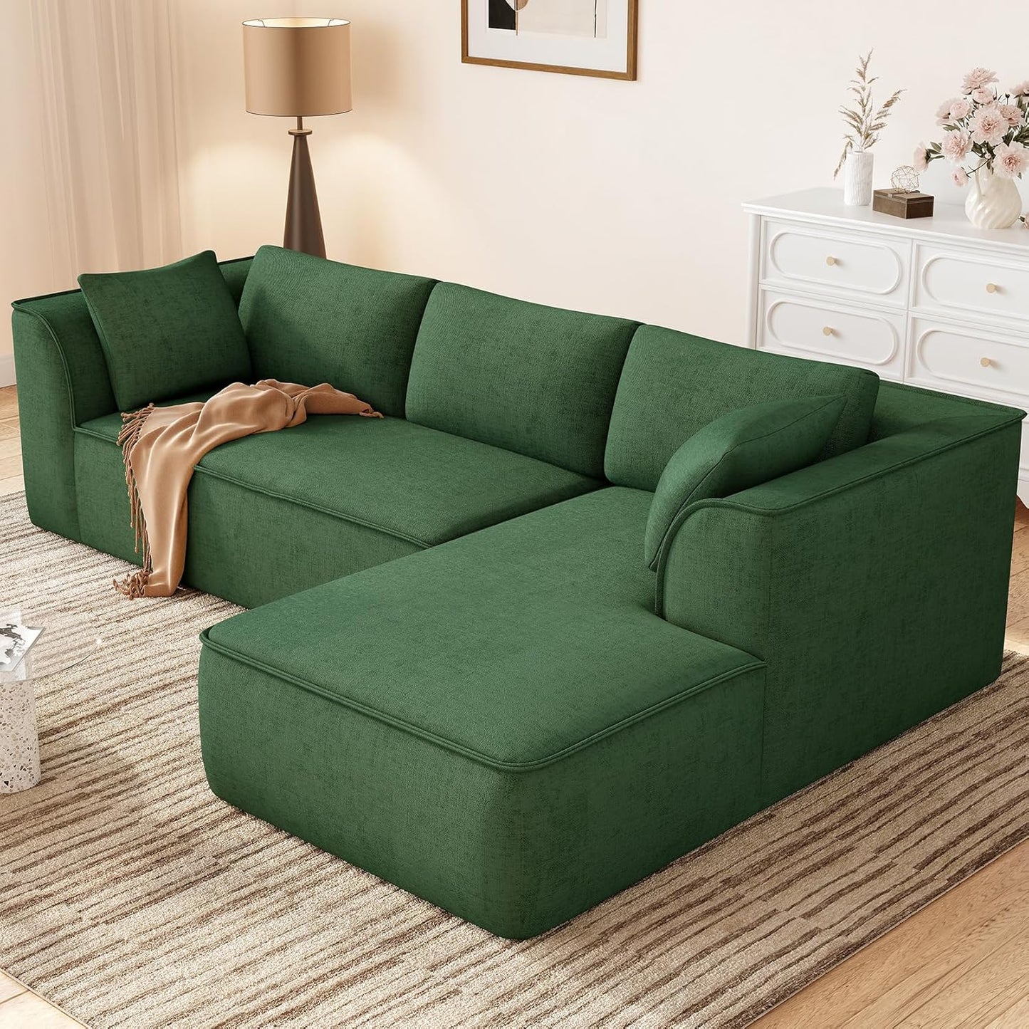 Vesgantti 106" Cloud Sectional Couch with Chaise, Deep Seat Modular Sectional Sofa Chenille Memory Foam Sofa Boneless Couches for Living Room Bedroom, No Assembly Required (Green, Right-Facing Chaise)