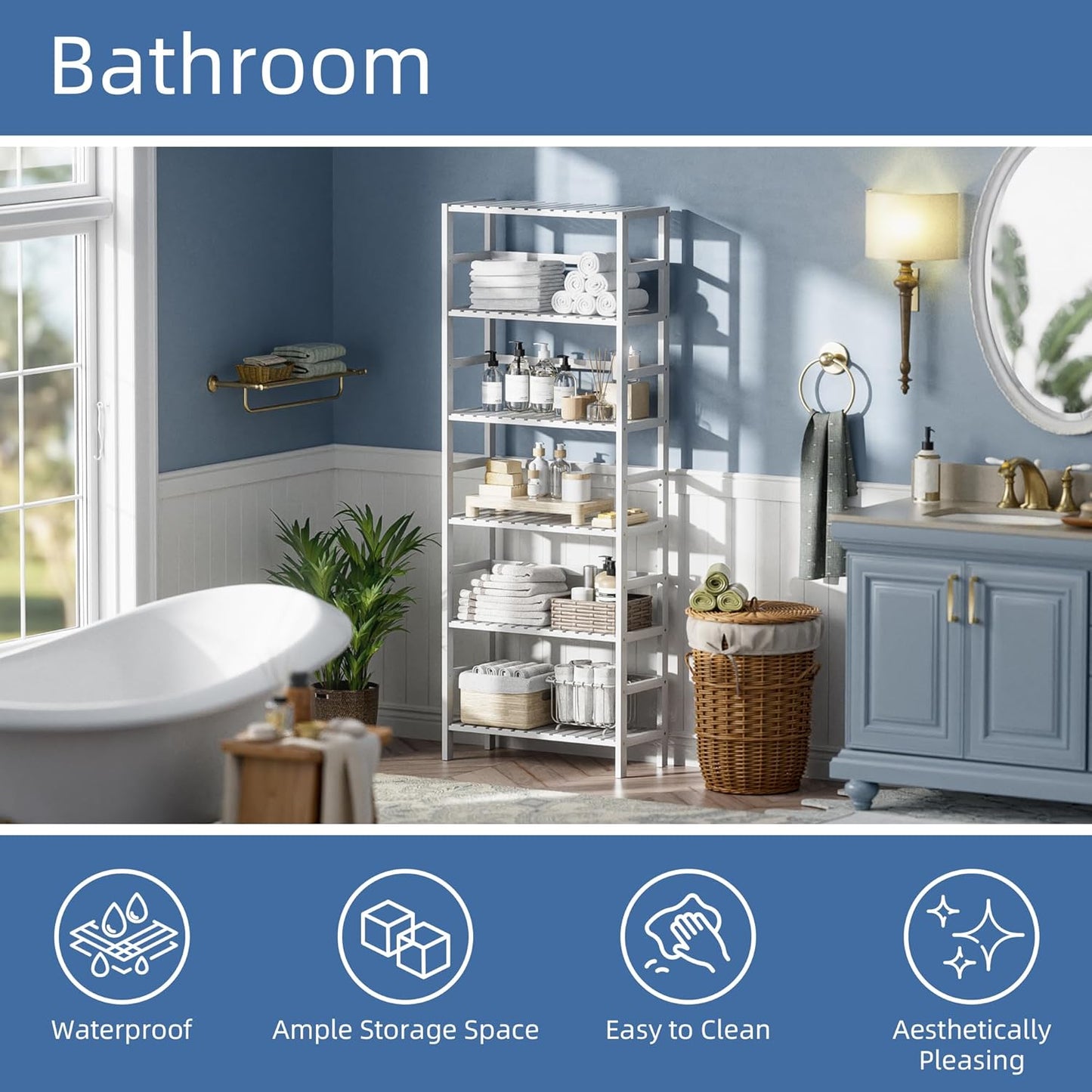 HITNET Bookshelf, 6-Tier Tall Bookcase Freestanding Bamboo Book Shelf Bathroom Storage Organizer with Adjustable Shelves, White