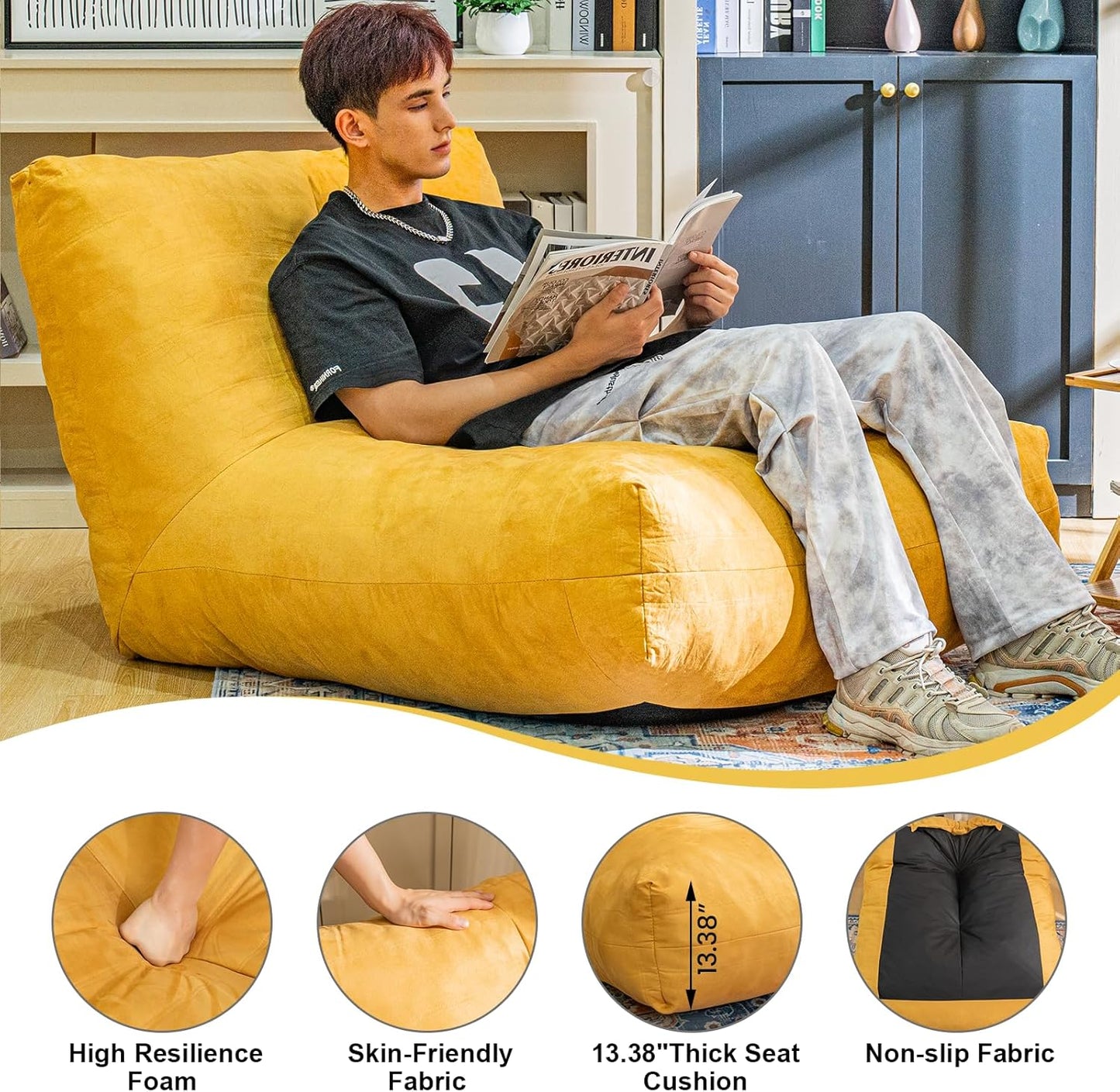 Bean Bag Chair Lazy Bean Bag Sofa, Floor Beanbag Chairs with Stuffed High-Density Foam, Memory Foam Bean Bag Sofa for Living Room, Bedroom and Office