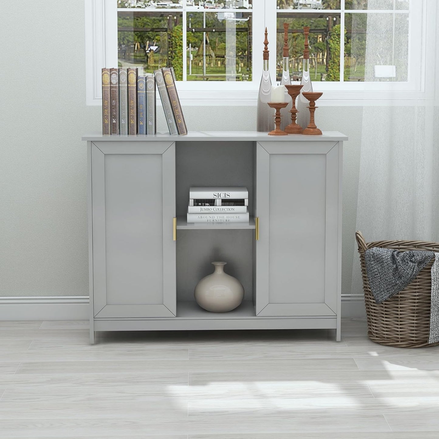 TaoHFE Grey Kitchen Pantry, Modern Wooden Small Credenza Sideboard Coffee Station, Storage Small Cabinet with Doors and Shelves for Kitchen