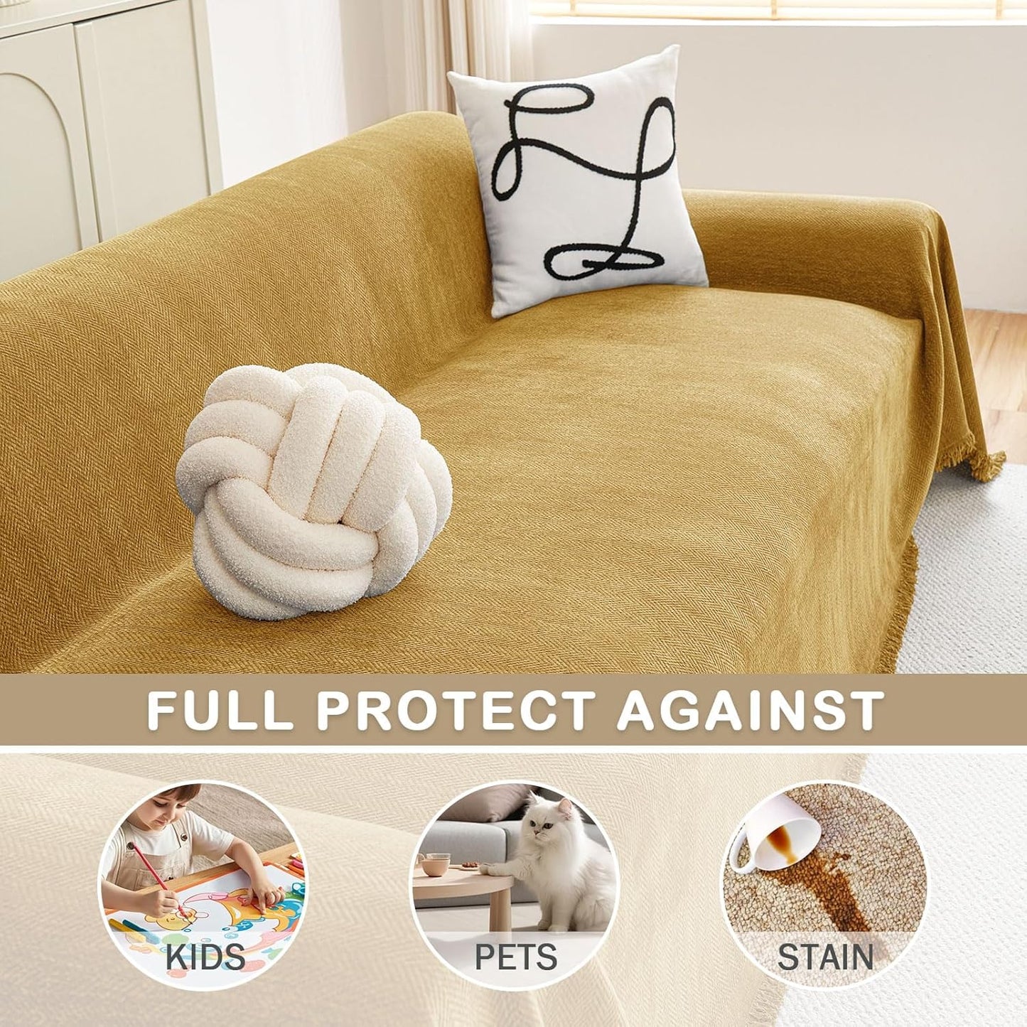 hyha Couch Cover for Dogs, Boho Sofa Covers for 3 Cushion Couch Washable, Chenille Sofa Slipcover for Pets, Soft Loveseat Sectional Couch Throw Blankets with Tassels (Yellow, 88.5x118 Inch)