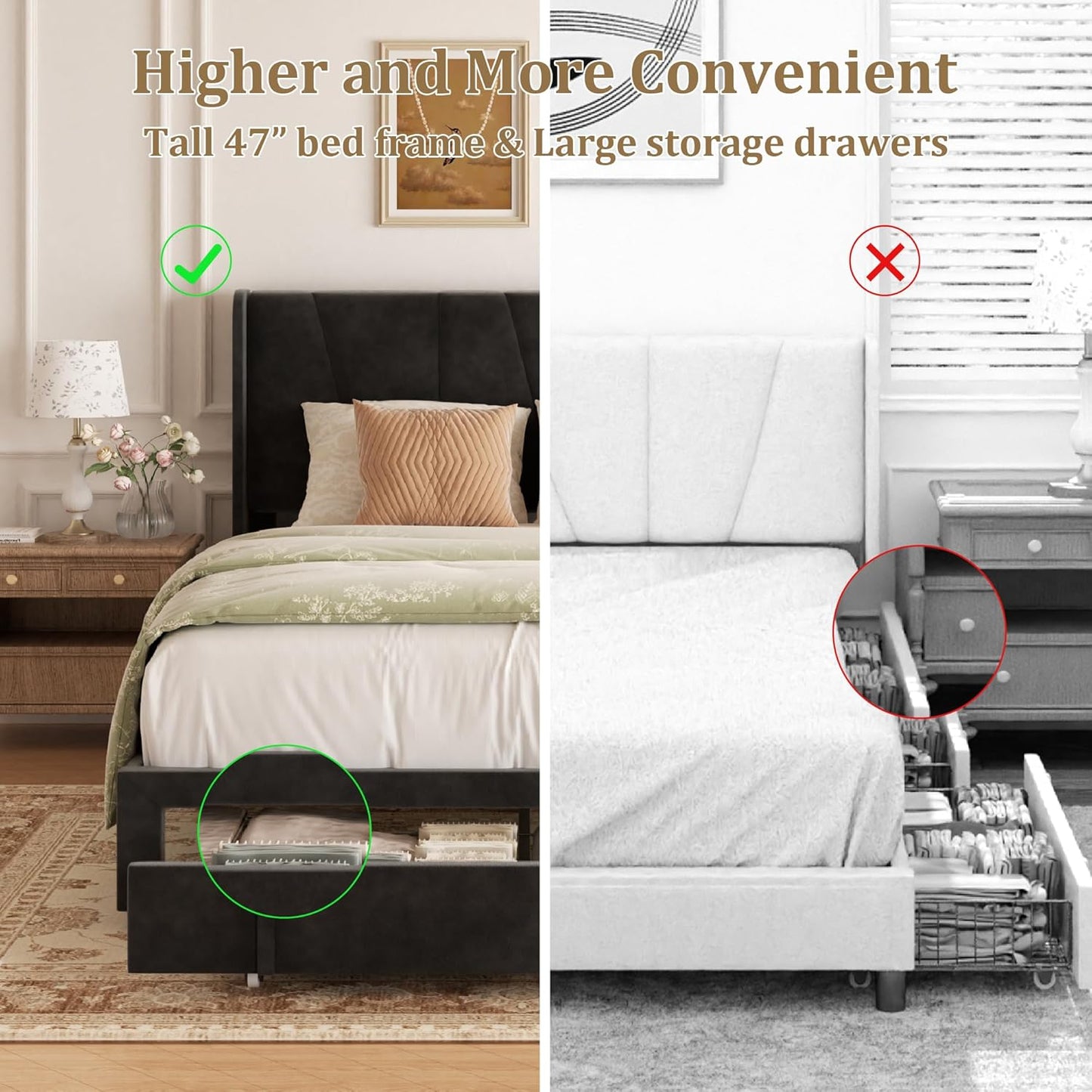 Queen Bed Frame with Storage Drawers, Upholstered Platform Bed with Headboard and Wingboard, No Box Spring Needed, Noise Free, Easy Assembly, Wooden Support Slats, Black