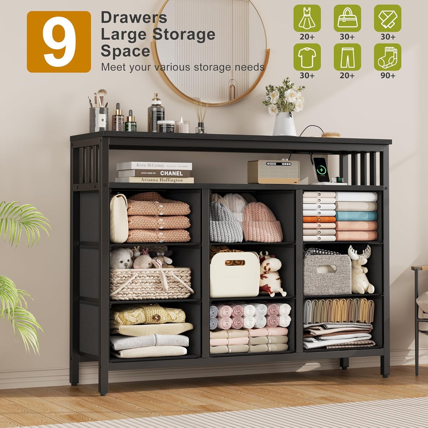 9 Drawer Dresser TV Stand with LED Lights & Power Outlets, Entertainment Center with Open Shelf, Media Console for 50” TV, Large Storage Dresser for Bedroom (Black)