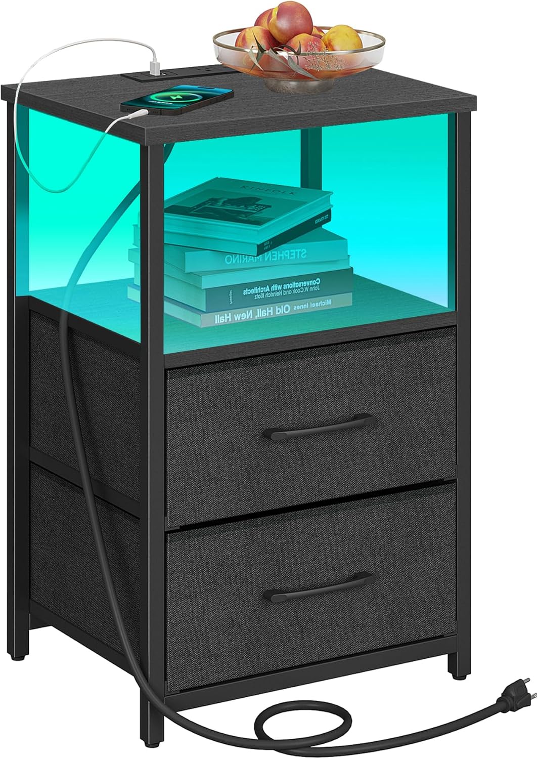 TUTOTAK LED End Table with Charging Station, Night Stand, Side Table with 2 USB Ports and Outlets, Nightstand with Cloth Drawer, Bedside Table for Livingroom, Bedroom Black TB01BK088L