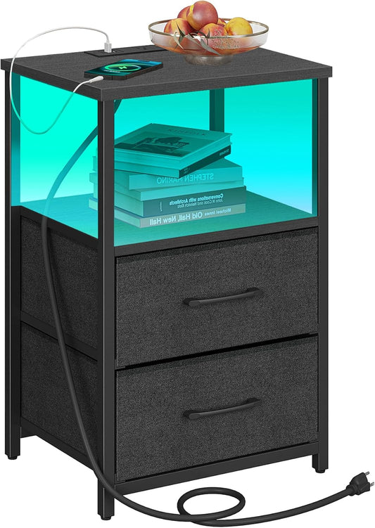 TUTOTAK LED End Table with Charging Station, Night Stand, Side Table with 2 USB Ports and Outlets, Nightstand with Cloth Drawer, Bedside Table for Livingroom, Bedroom Black TB01BK088L