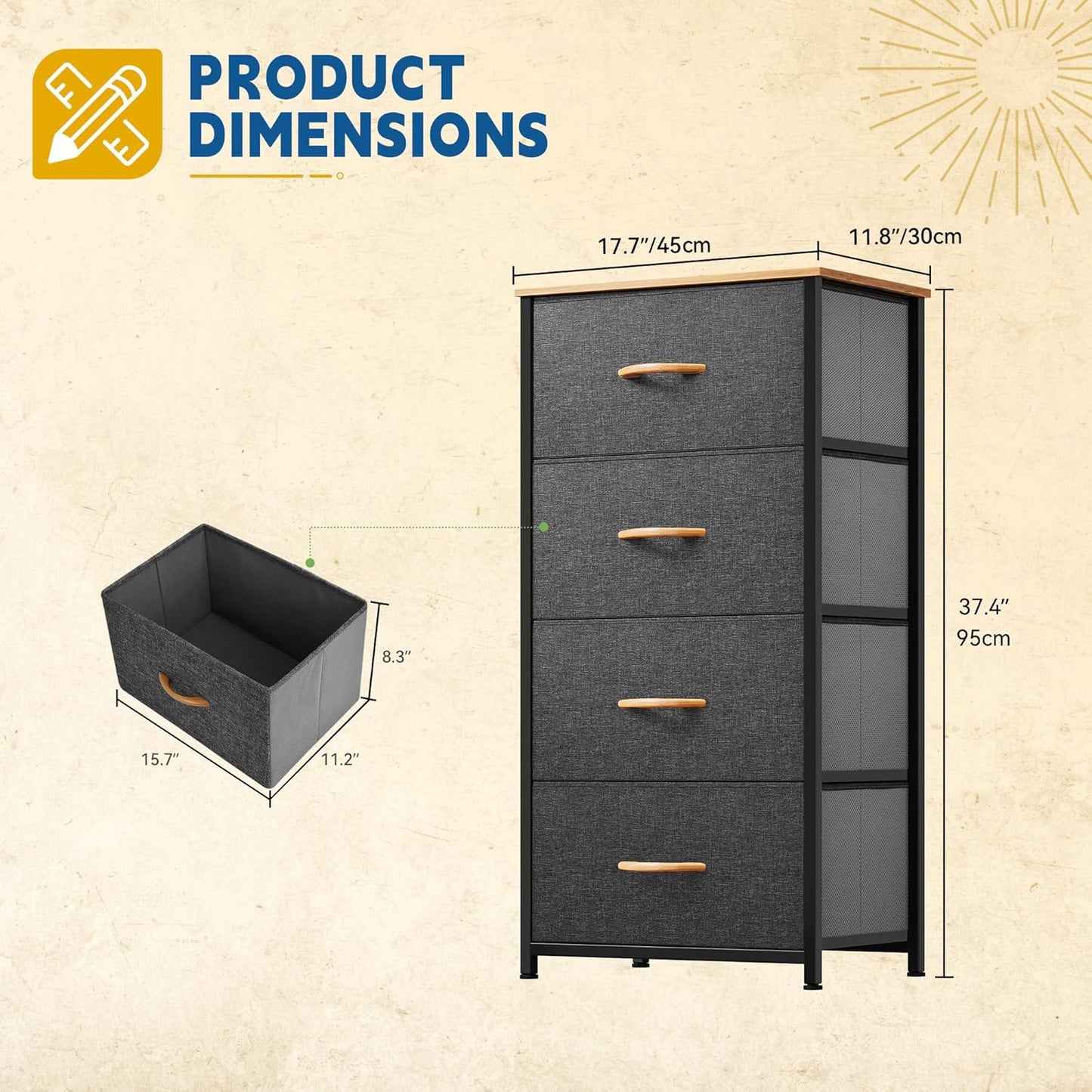 DWVO 4 Drawers Dresser, Small Dresser for Bedroom, Fabric Storage Tower, Chest of Drawers, Organizer Unit for Closets, Living Room, Sturdy Steel Frame, Wooden Top, Easy Pull Handle