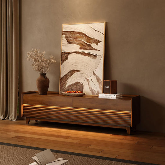 POVISON Fully-Assembled Mid Century Modern TV Stand with Legs, Wood Media Console with Adjustable LED Light, Entertainment Center with Storage for Living Room