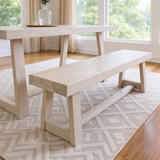 Plank+Beam 60 Inch Farmhouse Dining Bench, Solid Wood Entryway Bench, Wooden Outdoor Bench, Kitchen Dining Seat, Dining Room, Home Office, Living Room Furniture, Easy Assembly, White Sand Wirebrush