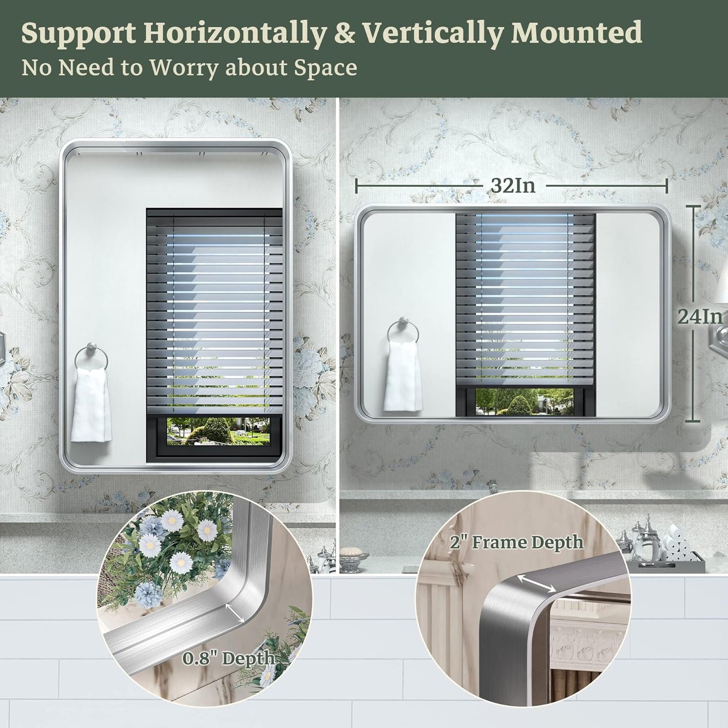 TokeShimi 24 x 32 Inch Brushed Silver Bathroom Mirror for Wall Brushed Brass Metal Rounded Corner Rectangle Mirror Metal Frame Deep Set Design Hangs Horizontal Or Vertical