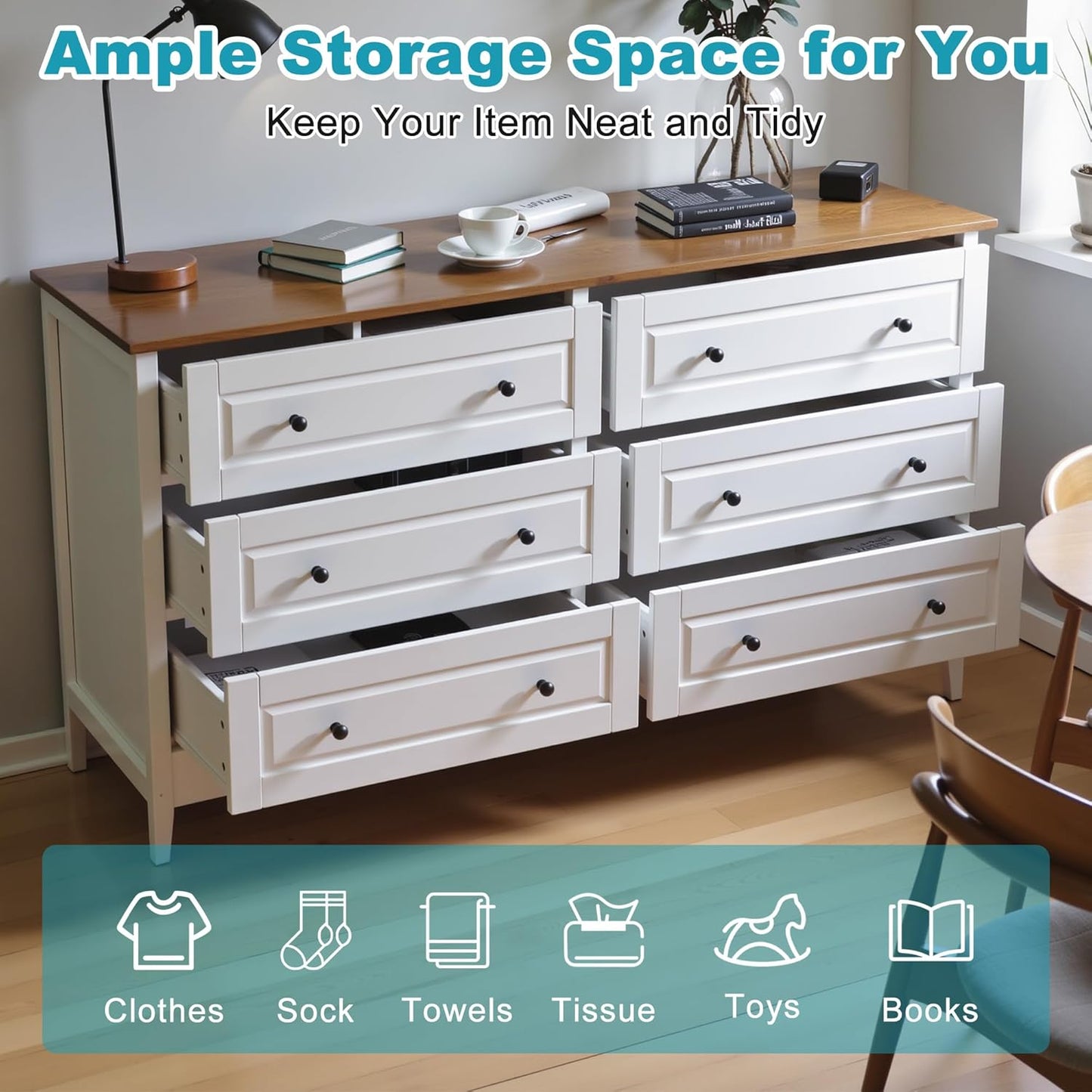 Farmhouse 6 Drawers Dresser for Bedroom, 55.5" Wide Wood Chest of Drawers with Metal Handle, Tall Storage Dressers Organizer for Living Room, Hallway, Ivory White