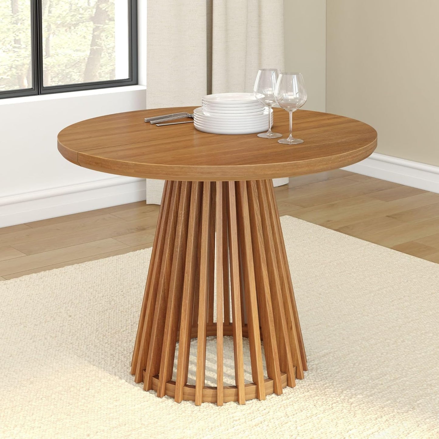 Plank+Beam Lido Round Dining Table, 38", Wooden, Pedestal, Minimalist Kitchen Table for 4 for Dining Room, Pecan