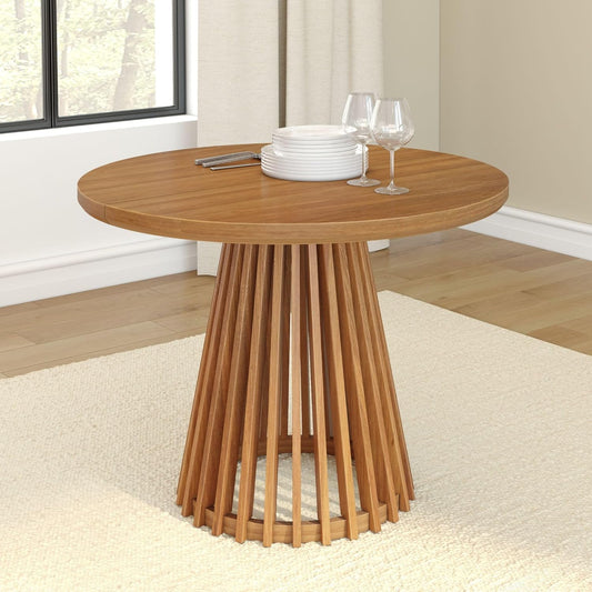 Plank+Beam Lido Round Dining Table, 38", Wooden, Pedestal, Minimalist Kitchen Table for 4 for Dining Room, Pecan
