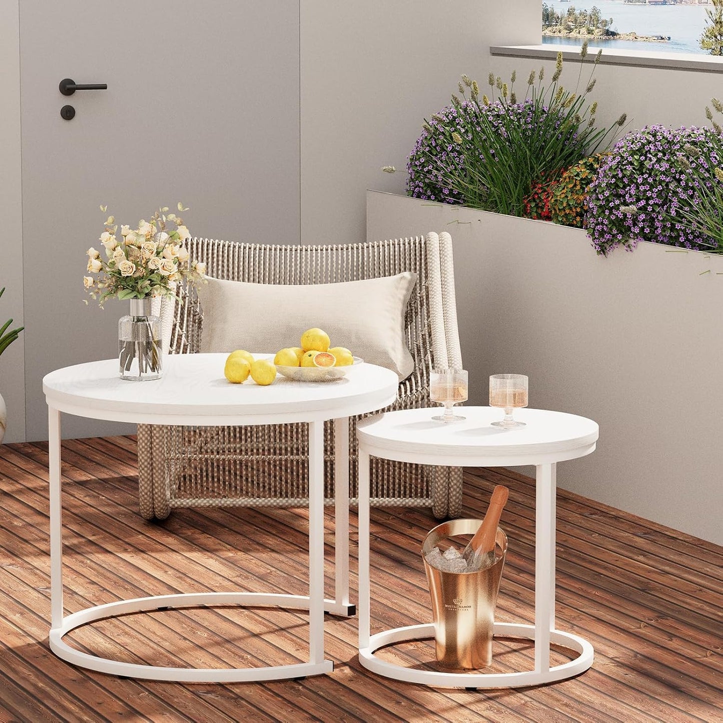 Garden 4 you Nesting Coffee Table, 23.6" Round Coffee Table Set of 2, Wooden Nesting Table Set with Metal Frame, Side Tables for Living Room Bedroom Balcony, White