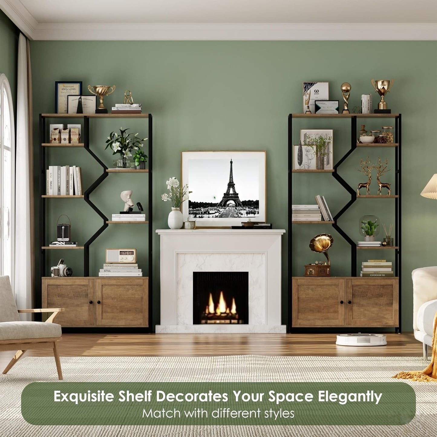 76" Tall Shelf with Storage Cabinet Doors, 6 Tier Open Bookshelf for Multi-use Display, Staggered Book Shelf Etagere Bookcase for Home Office/Living Room, Deep Metal & Wood Accent Shelf, Rustic Brown