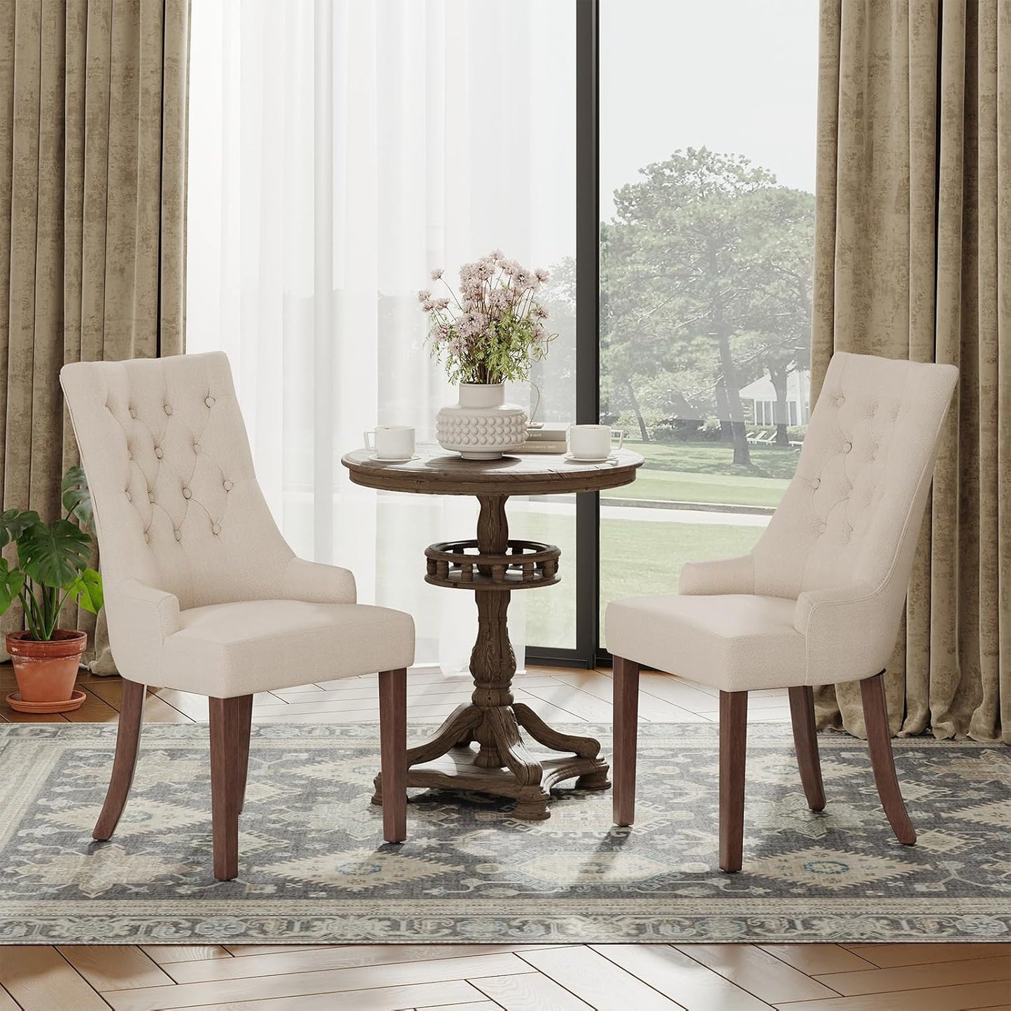 COLAMY Fabric Side Dining Chairs Set of 2, Wingback Upholstered Dining Room Chairs with Tufted Button, Living Room Chairs for Home Kitchen, Beige