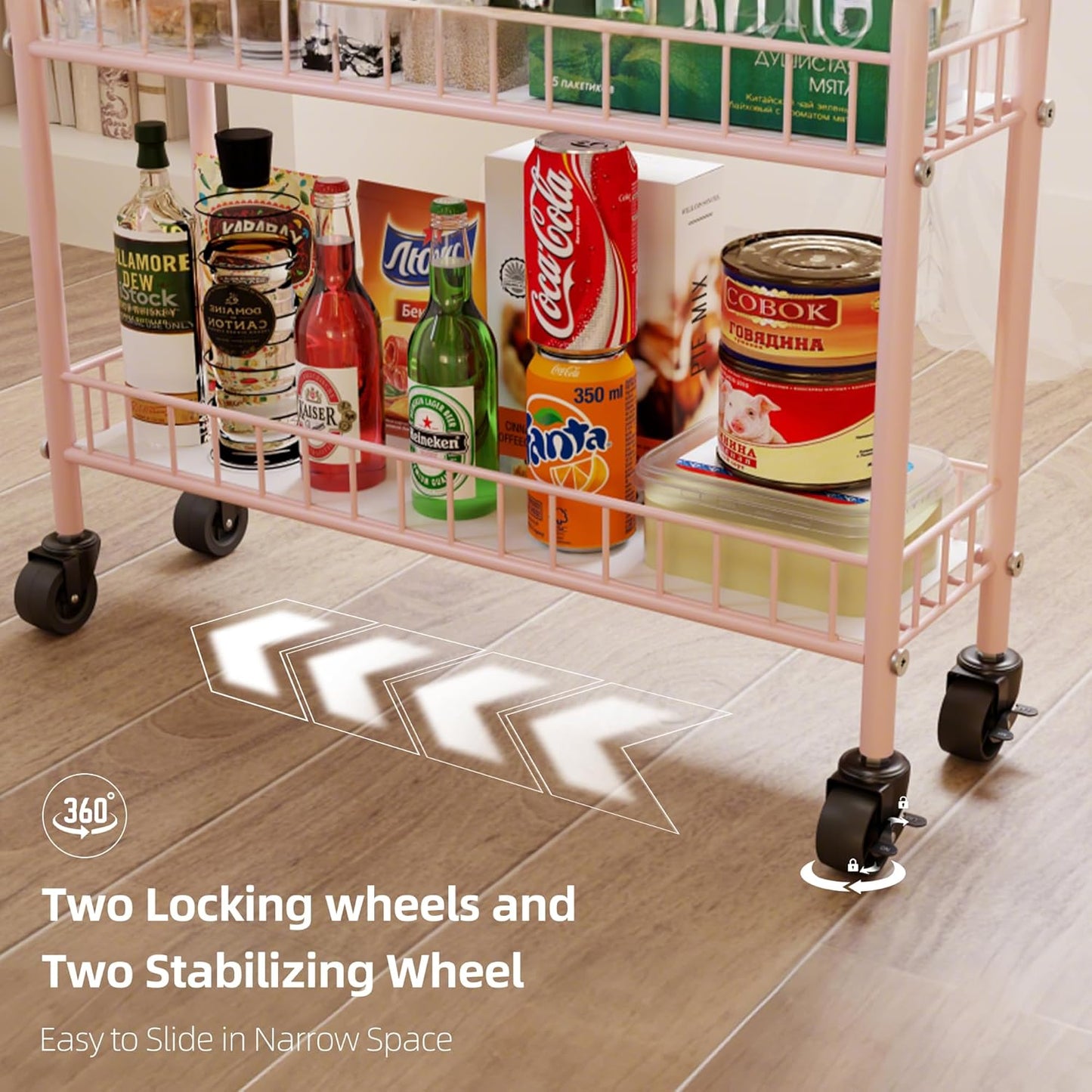 6-Tier Slim Storage Cart, Rolling Kitchen Cart with Wheels, Narrow Metal Shelf Organizer with Hooks for Kitchen, Bathroom, Living Room, Laundry, Small Spaces (Pink, 6 in)