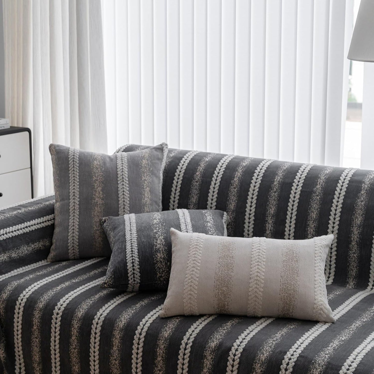 Pack of 1 Decorative Throw Pillow Covers 12x20 Inch, Pillow Cases for Living Room Couch Bedroom Farmhouse Home Decor, Soft Stripe Chenille Cushion Covers for Sofa Grey,12''x20''