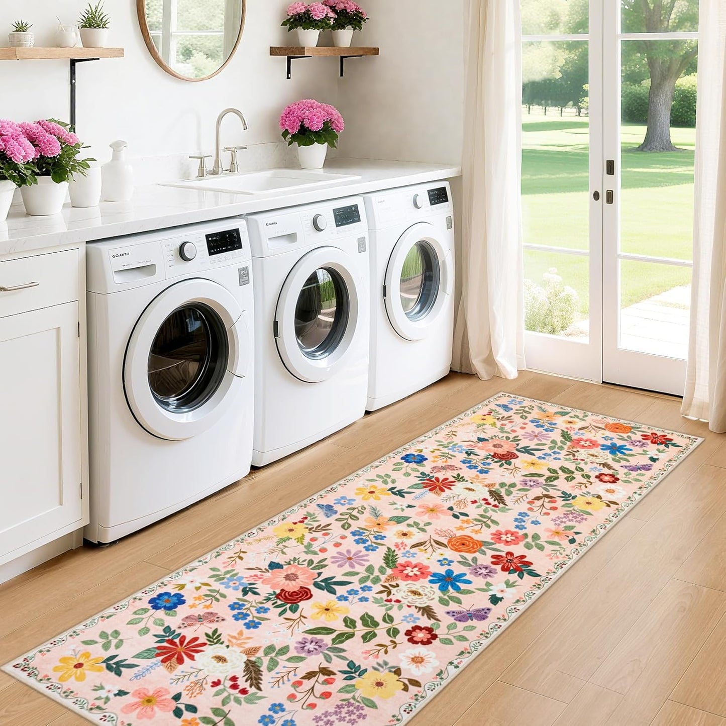 Runner Rug for Entryway: 2.6x8 Kitchen Rugs Non Slip Washable Ultra-Thin Soft Floral Carpet Indoor Floor Stain Resistant Carpets for Hallway Bedroom Kitchen Laundry Bathroom Dorm Beige