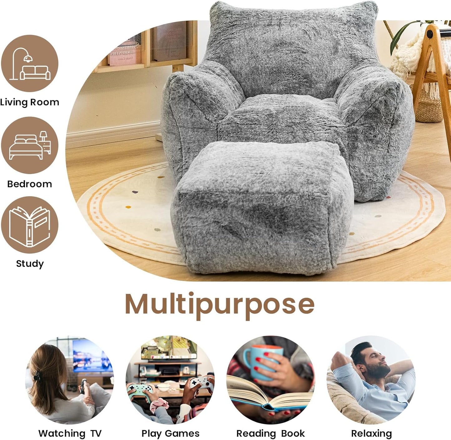 Bean Bag Chair with Ottoman, Armrest Bean Bag Chairs with Filler, Ultra Soft Fluffy Faux Fur Bean Bag Chair with Foot Rest, Plush Lazy Sofa with Foot Stool for Living Room, Dorm