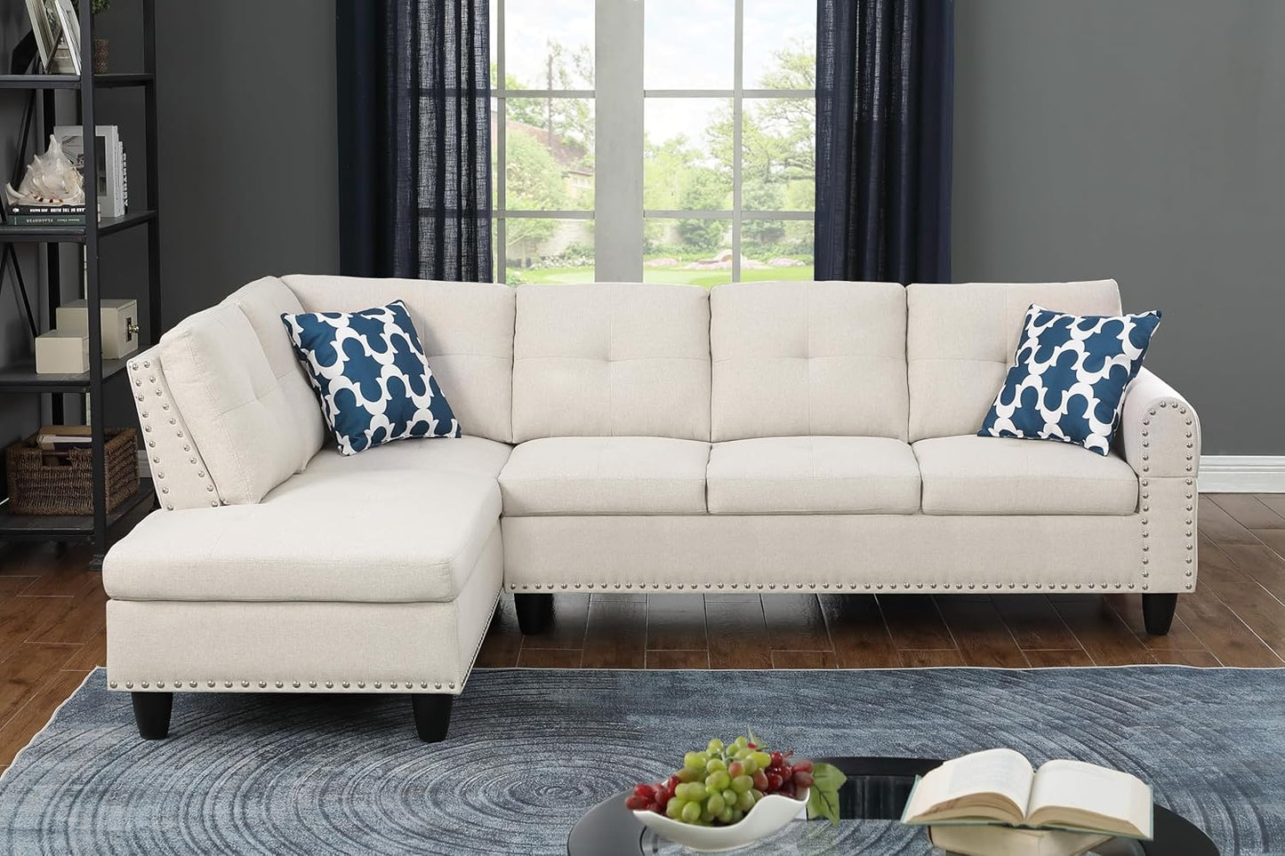 Ball & Cast 98" L Shaped Sectional Couch for Living Room with Coffee Table and Nailhead Trim,4 Seat Linen Upholstered Modular Sectional Sofa Set 2 PCS W/Chaise and Cup Holders,for Home,Office,Beige