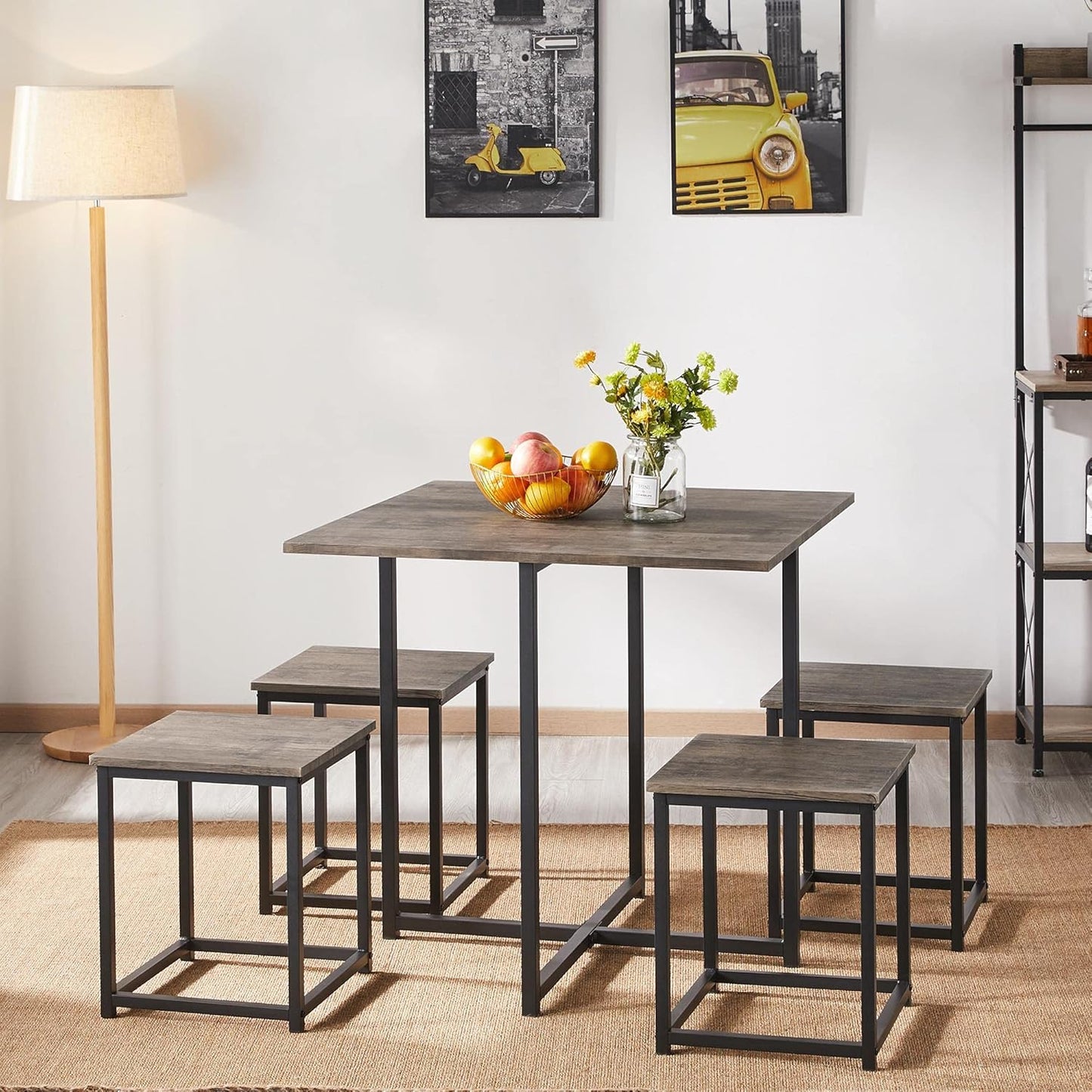 Yaheetech Industrial Dining Table Set for 4 Compact Kitchen Table and 4 Stools, Space-Saving Design for Apartment, Small Space, Breakfast Nook, Drift Brown