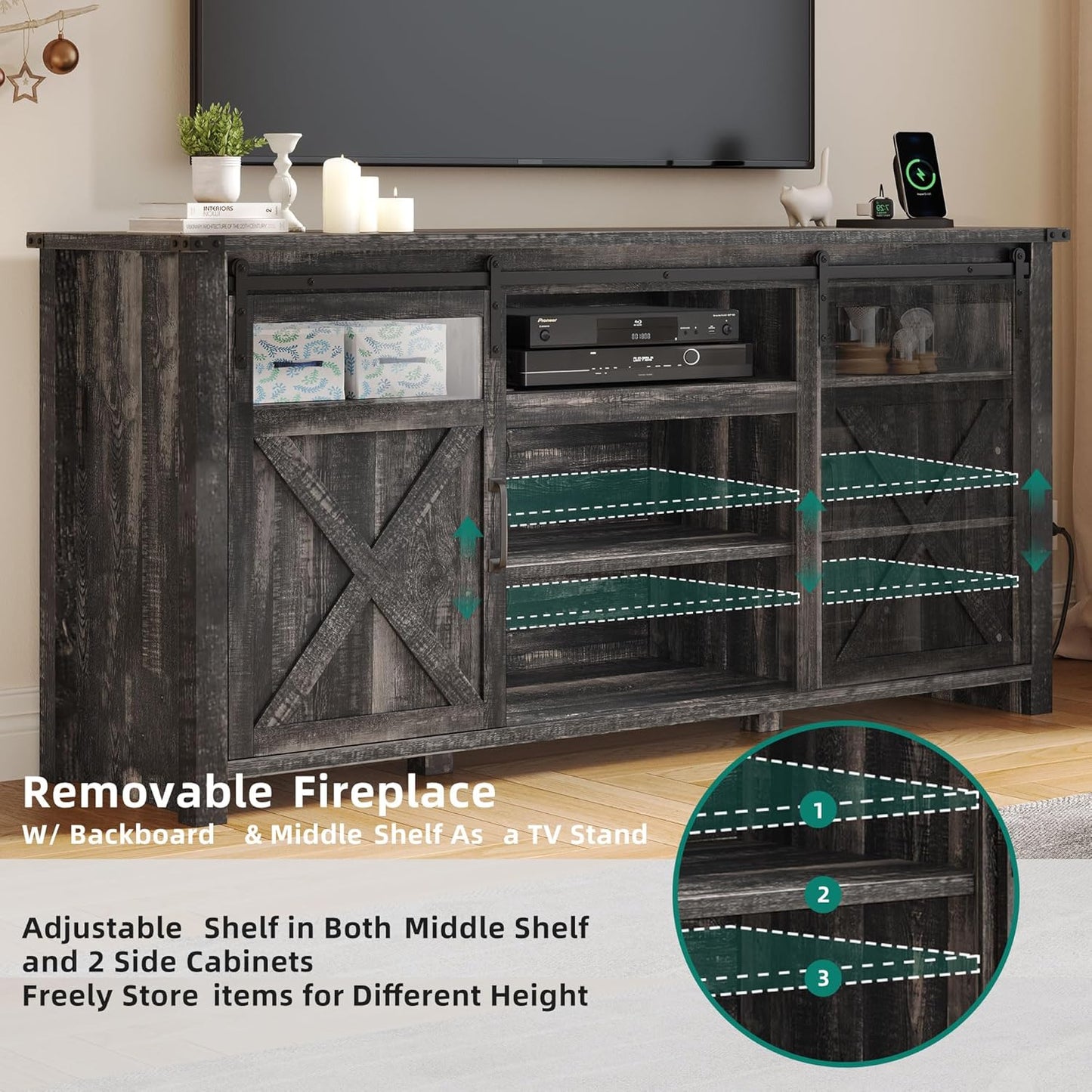 YITAHOME Farmhouse TV Stands for 75 Inch TV with Power Outlets, Entertainment Center with Sliding Barn Doors and Adjustable Shelves, TV Cabinet Media Console Table for Living Room, Dark Rustic Oak