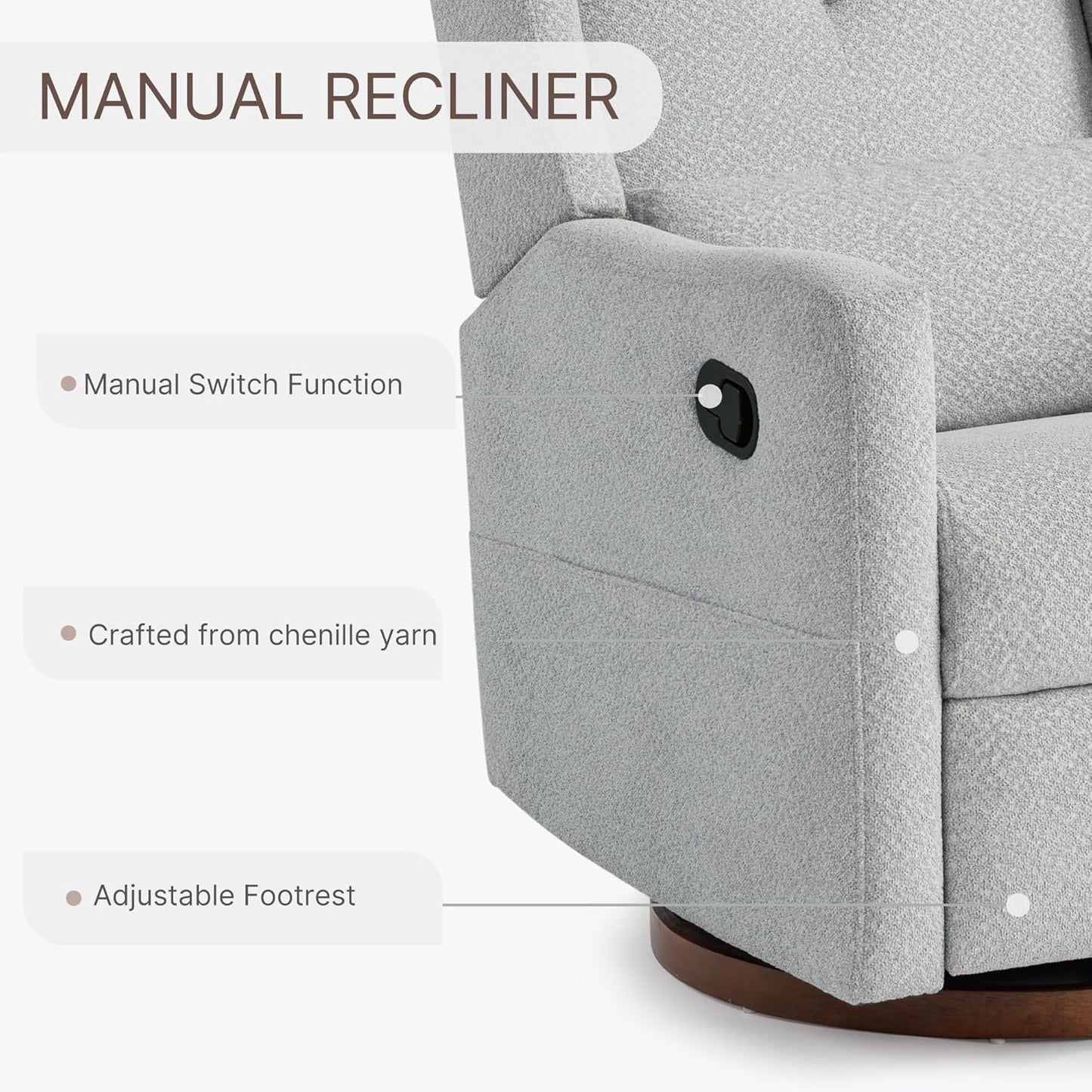 Upholstered Recliner Swivel Glider Nursery Chair Reclining Performance Fabric Rocker with Wood Base,Boucle,Grey