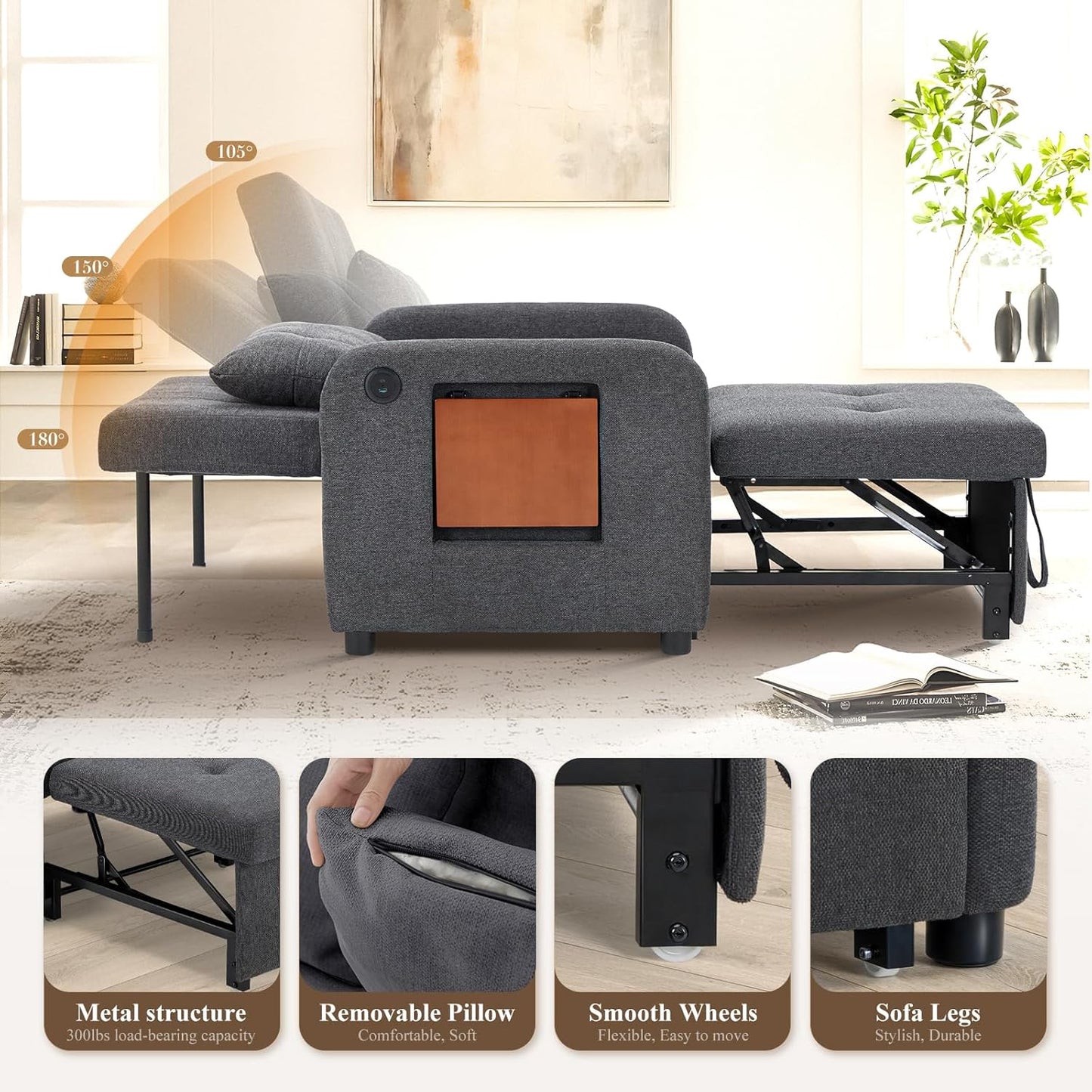 Convertible Sleeper Chair-Fabric Futon Sofa Bed, Single Sleeper Sofa, Small Couch Bed with USB Port, Foldable Table, Pillow, Adjustable Backrest for Dorm/Bedroom/College Darkgrey