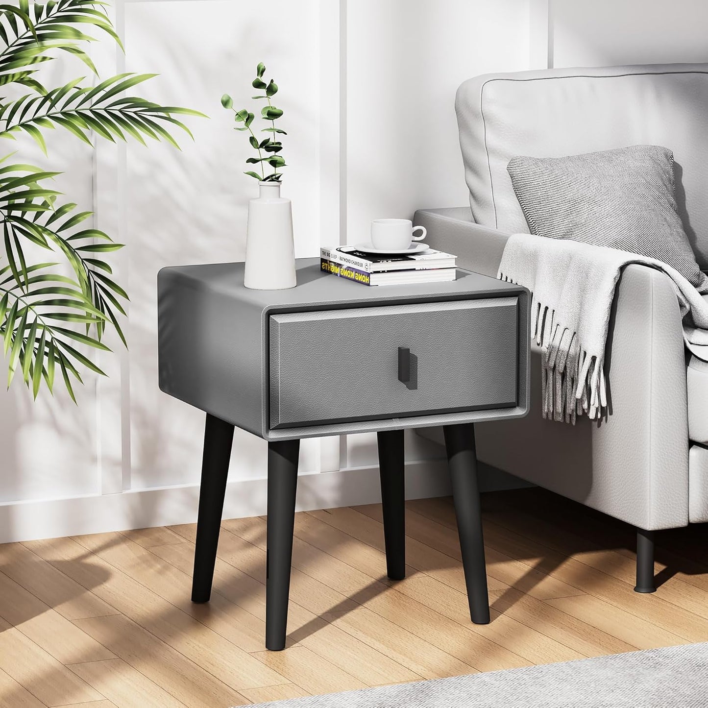 VICITON Modern Faux Leather Nightstand, Solid Wood Drawer, with 4 Wood Legs, Small Side End Table for Bedroom (Light Gray)