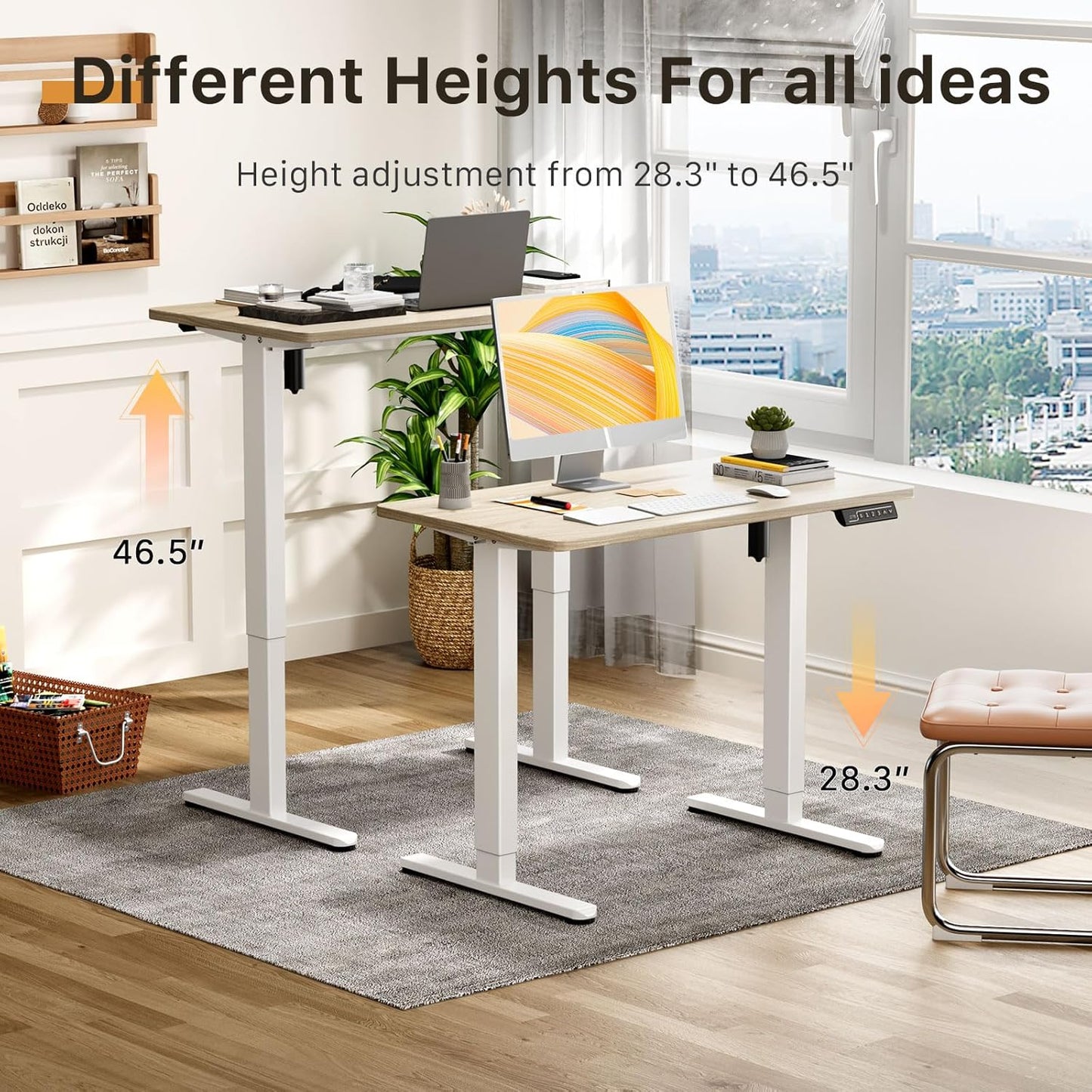 JOY worker Small Electric Standing Desk, 35" x 20" Whole Piece Height Adjustable Desk with Memory Controller, Light Walnut Sit to Stand Workstation for Home Office