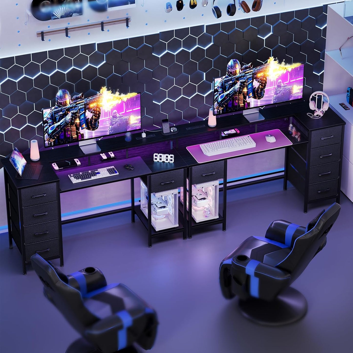 55 Inch Computer Gaming Desk with Power Outlets LED Lights, Reversible Home Office Desk with Adjustable Fabric Drawers for Working Writing Study, Black Oak