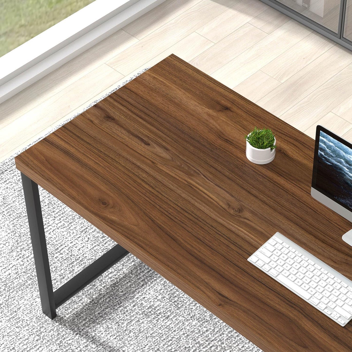 FOLUBAN Modern Computer Desk, Wood Home Office Desk, Study Writing Gaming Table Workstation with Storage Shelves for Living Room Bedroom, Rustic Walnut, 53 Inch