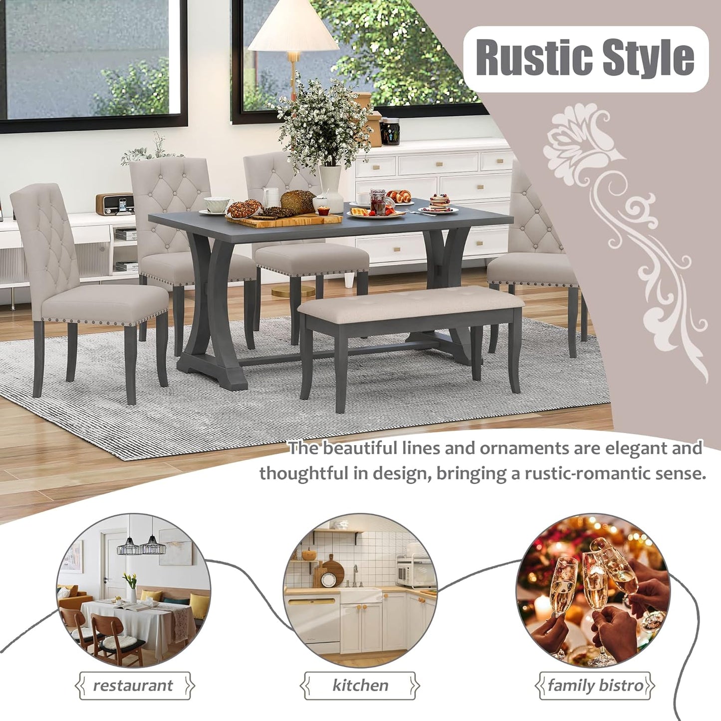Ball & Cast Dining Table Set for 6, 60" Rectangular Dining Room Table with 4 Upholstered Chairs and 1 Bench, 6-Piece Farmhouse Dining Furniture Set with Solid Wood Legs for Kitchen,Antique Gray