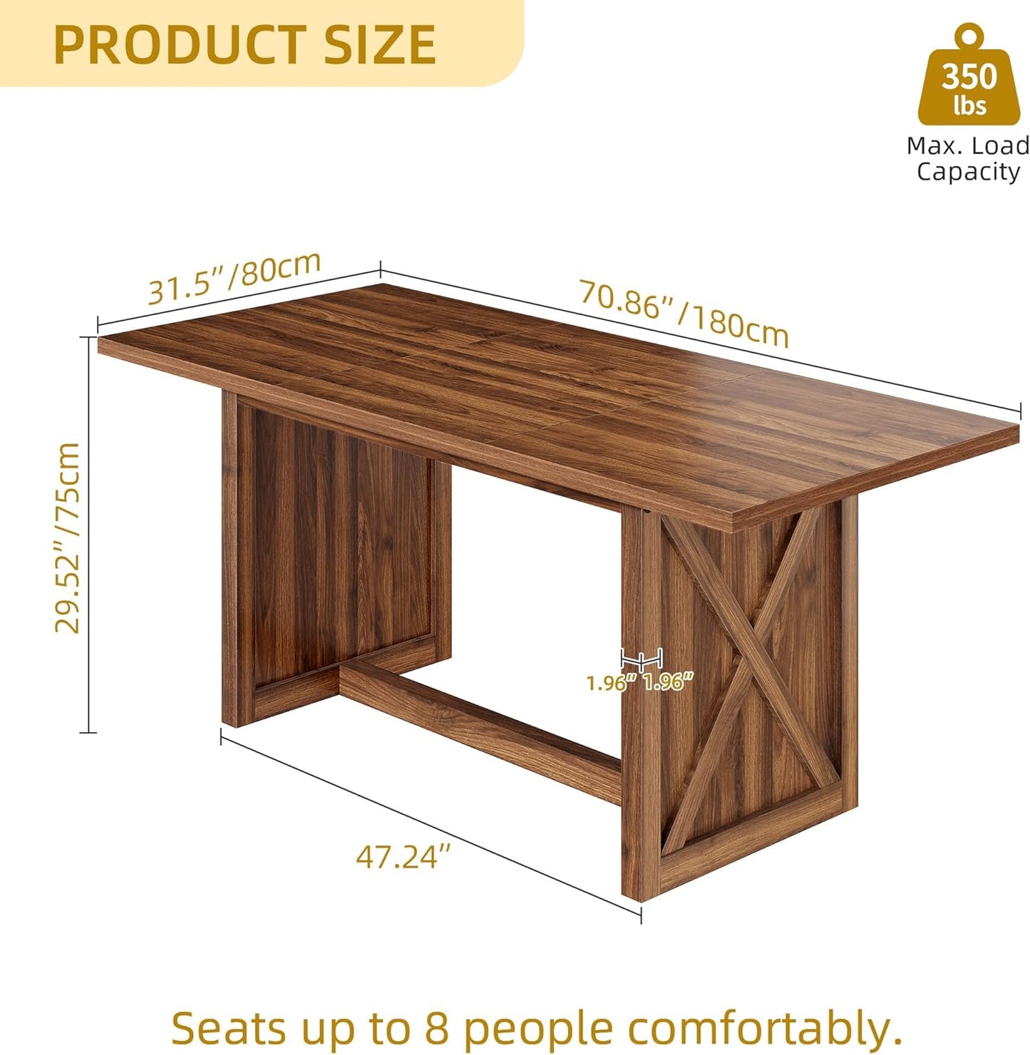 DWVO 70.8" Large Dining Table for 6 to 8 People Farmhouse Rustic Wood Dinner Table Rectangular Long Kitchen Dining Table for Dining Room Kitchen Living Room Office, Walnut