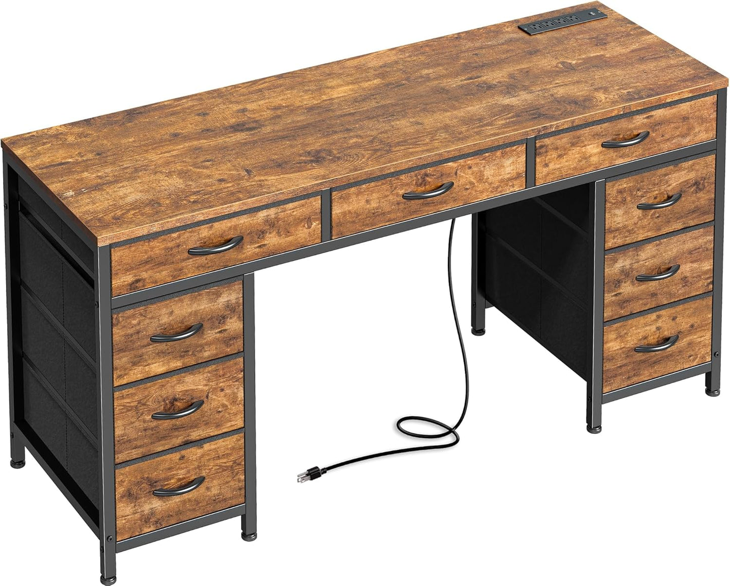 PRAISUN 54 Inch Office Desk with Outlets, Computer Desk with 9 Fabric Drawers, Writing Gaming Work Study Desk for Bedroom, Living Room, Home Office, Large Storage, Rustic Brown