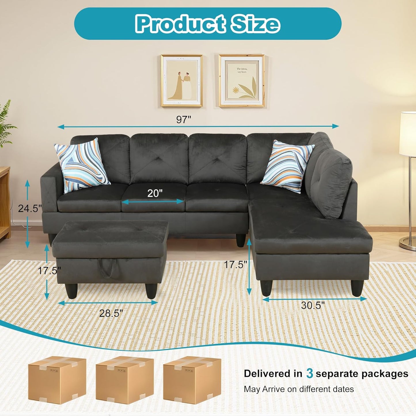 Couches for Living Room Modern L Shaped Couch Comfy Flannel Fabric 3 Pieces Sectional Sofa with Chaise, Ottoman with Storage for Office and Small Apartment, Grey