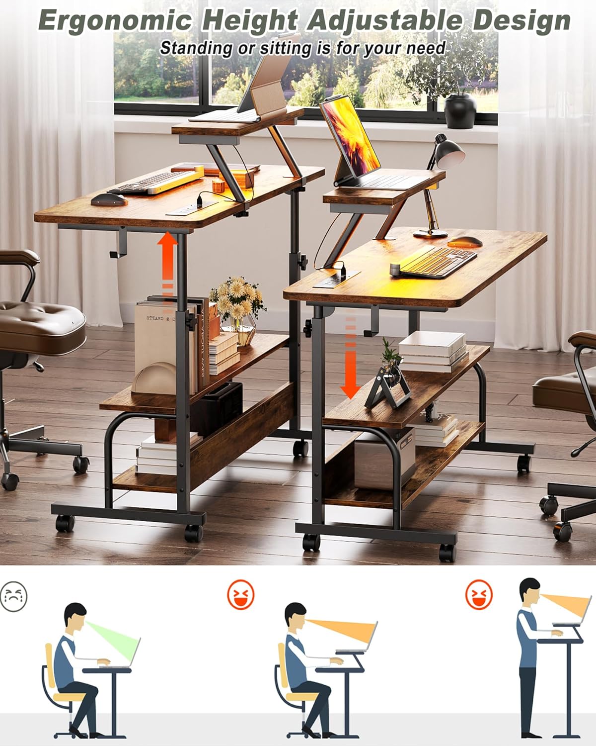 Height Adjustable Standing Desk with Power Outlets and LED Lights - 39" Manual Stand Up Desk with Monitor Stand and Storage Shelves Small Mobile Rolling Computer Desk Portable Laptop Table, Rustic