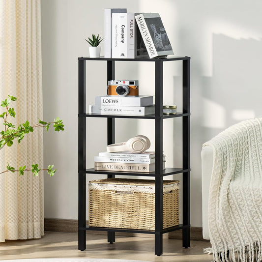 4 Tier Tall Wooden Bookshelf with Storage - Small Bookcase for Small Spaces, Shelf for Living Room, Office, Bedroom, Kitchen - Industrial Modern Black Book Shelf