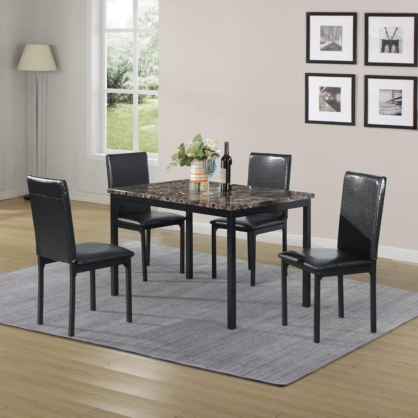 KEIKI 5 Piece Dining Table Set with 48" Marble Table & 4 PU Leather Padded Chair for 4 Person,Kitchen, Living Room,Dining Room Furniture,Easy Assembly,Black