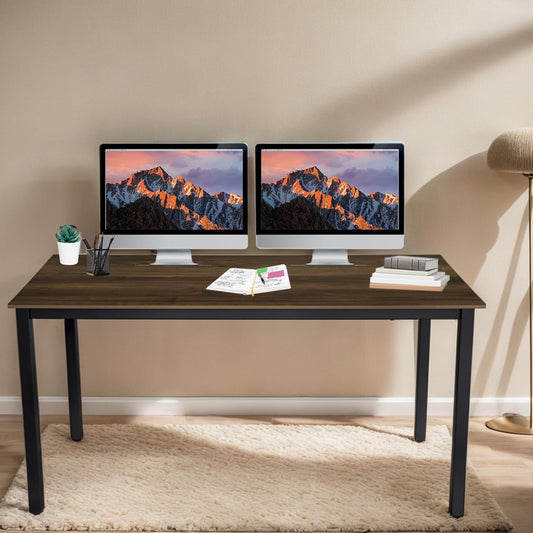 55 inch Large Computer Desk Wood, Modern Simple Style Desk for Home Office, Bedroom, Study Student Writing Desk, Small Spaces, Black Metal Frame, Walnut Top