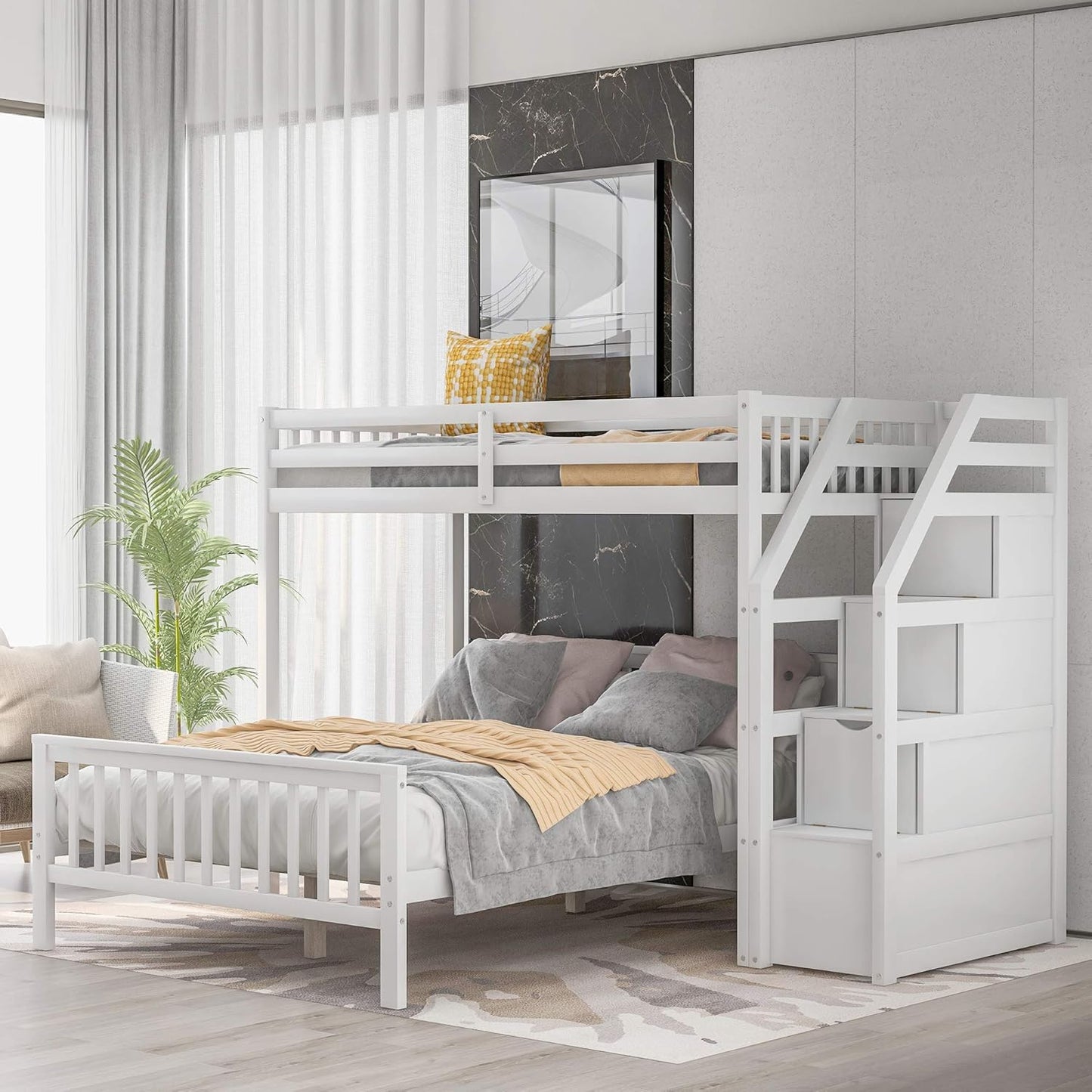 Twin Over Full Wood Loft Bed with Staircase,High Guardrails and Ladder-Handrails,Ladder W/ 3 Storage Grids,Bedroom Furniture for Children,Teens,Adults,White