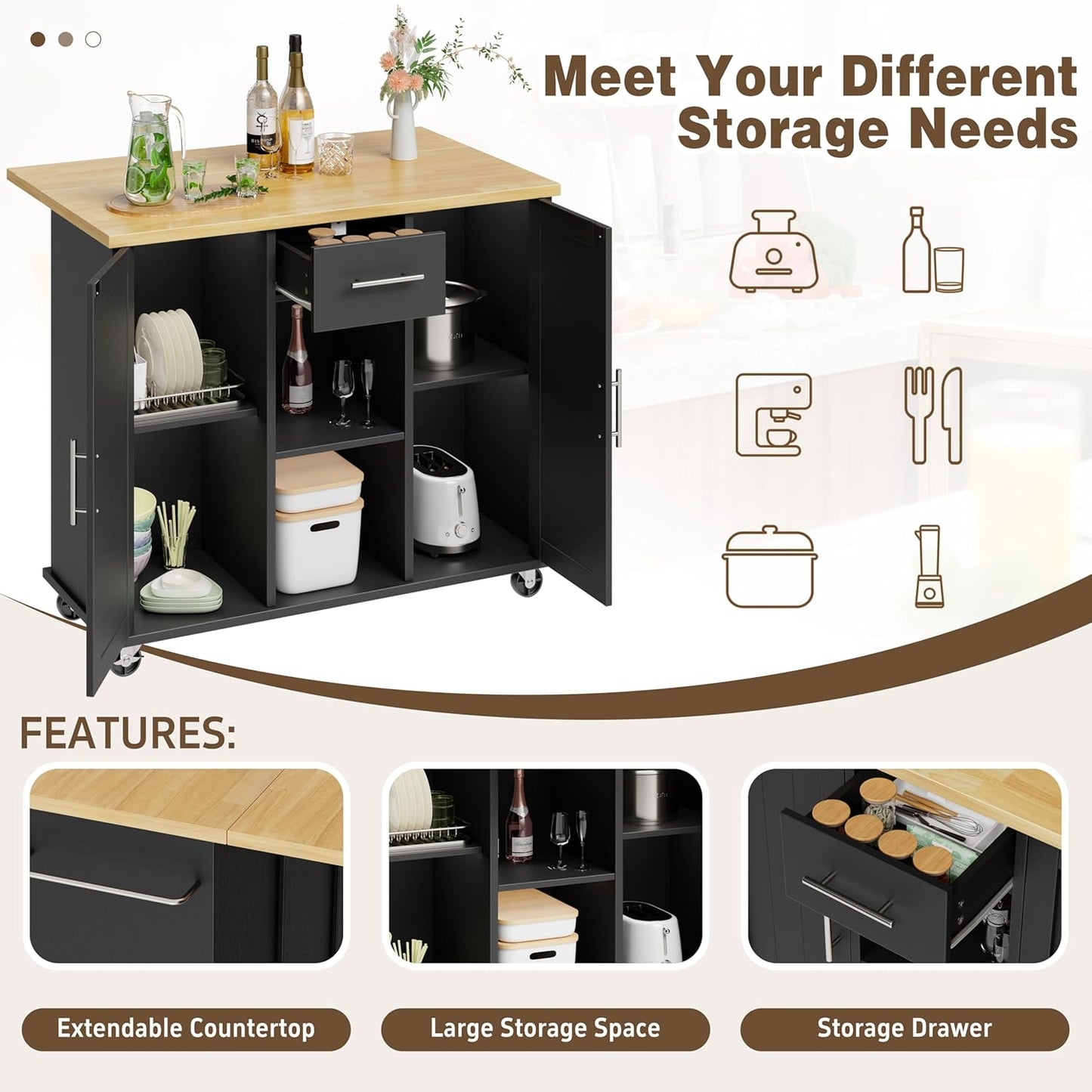 Shintenchi Kitchen Island with Storage, Bar Cart Cabinet Island Table on Wheels, Rolling Microwave Cart for Kitchen with Drop Leaf, Drawers, Towel Rack, Seating Area for Dining Room, Black