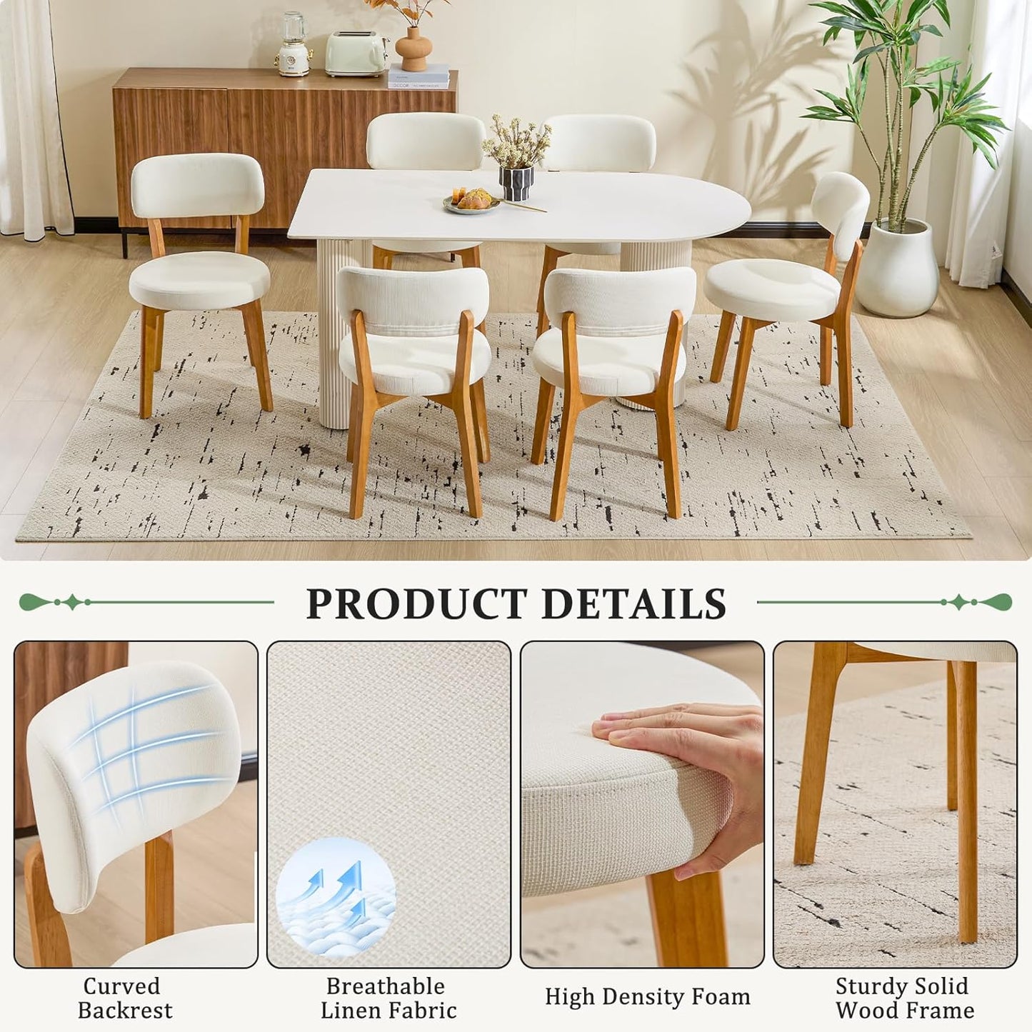 Furniliving Wooden Dining Chairs Set of 6, Mid-Century Modern Linen Upholstered Kitchen Chair with Solid Oak Wood, Farmhouse Dining Room Chairs, Beige