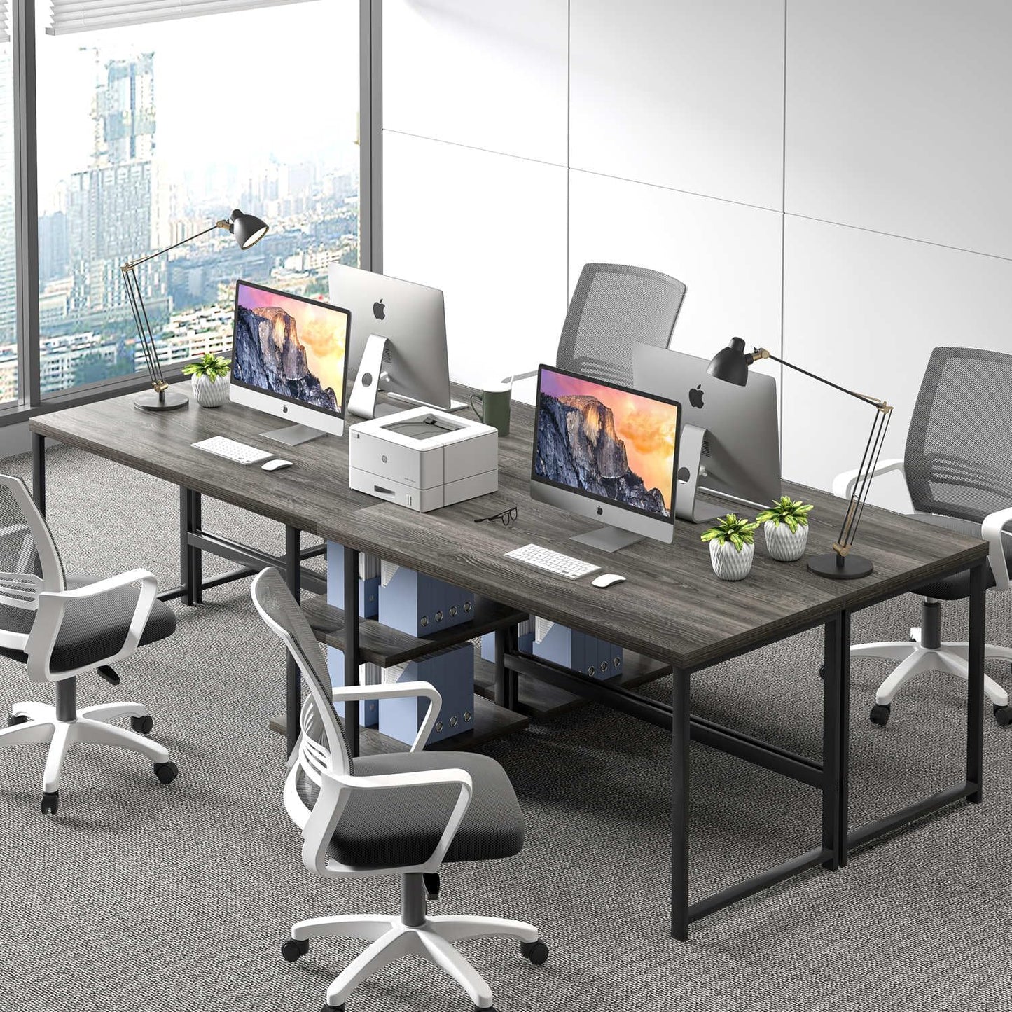 FOLUBAN Home Office Desk, Modern Computer Desk with Storage Shelf, Wood Study Writing Gaming Table for Bedroom Living Room, Industrial Dark Gray, 53 Inch