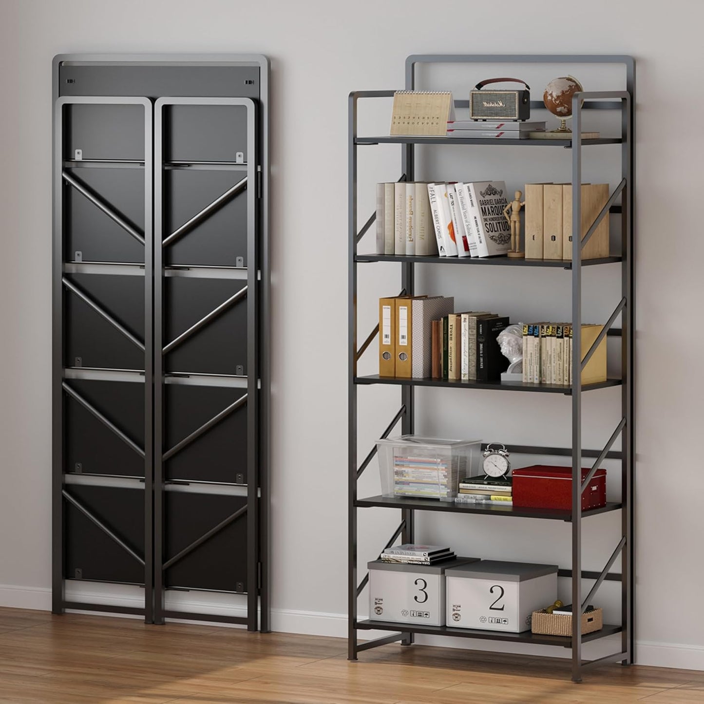 JSB No Assembly Folding Bookshelf, 5 Tier Industrial Metal Book Shelf for Storage, Vintage Wood Foldable Bookcase for Living Room, Bedroom, Office Organization Shelves