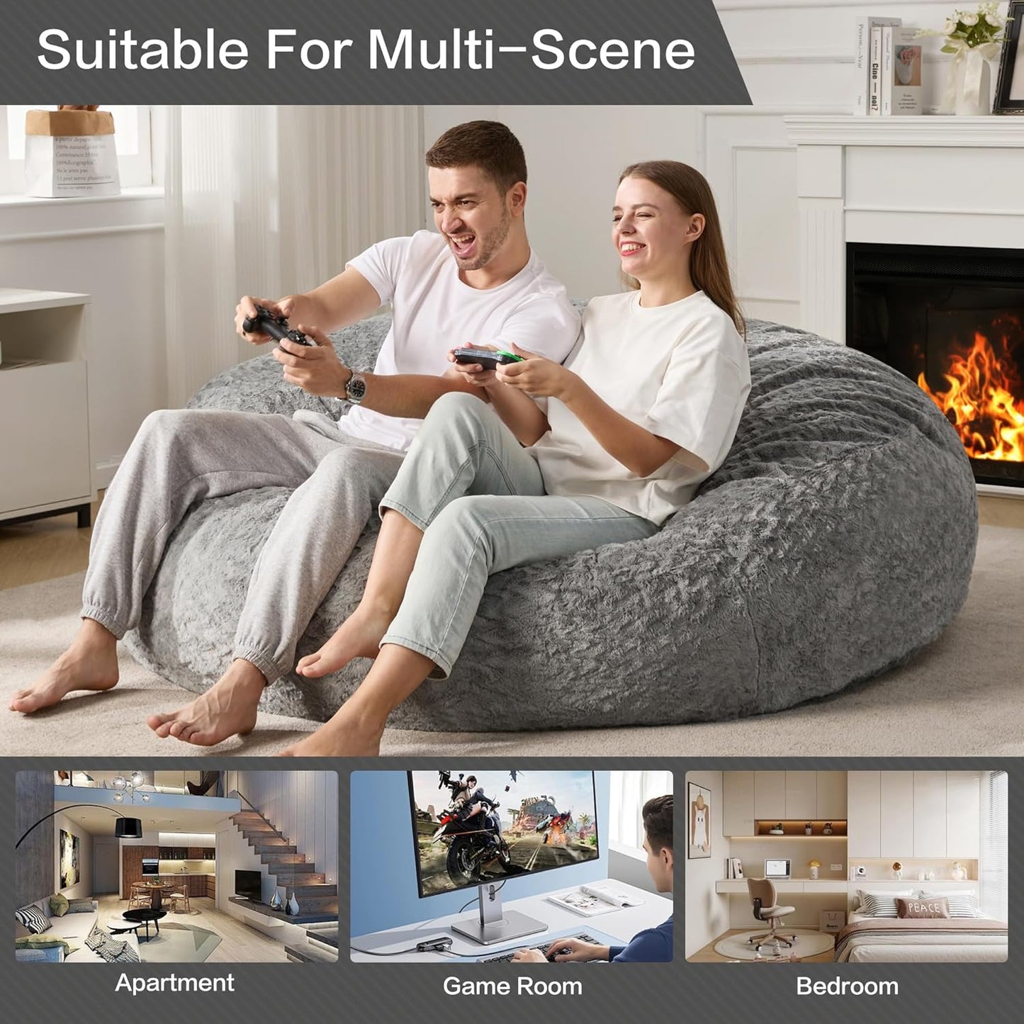 Hobestluk 6ft Bean Bag Chairs for Adults Large Beanbag Chair with Chevron Plush Fur Cover Big Bean Bag Chair for Living Room Bedroom Dorm Office - Grey (70" x 70" x 15")