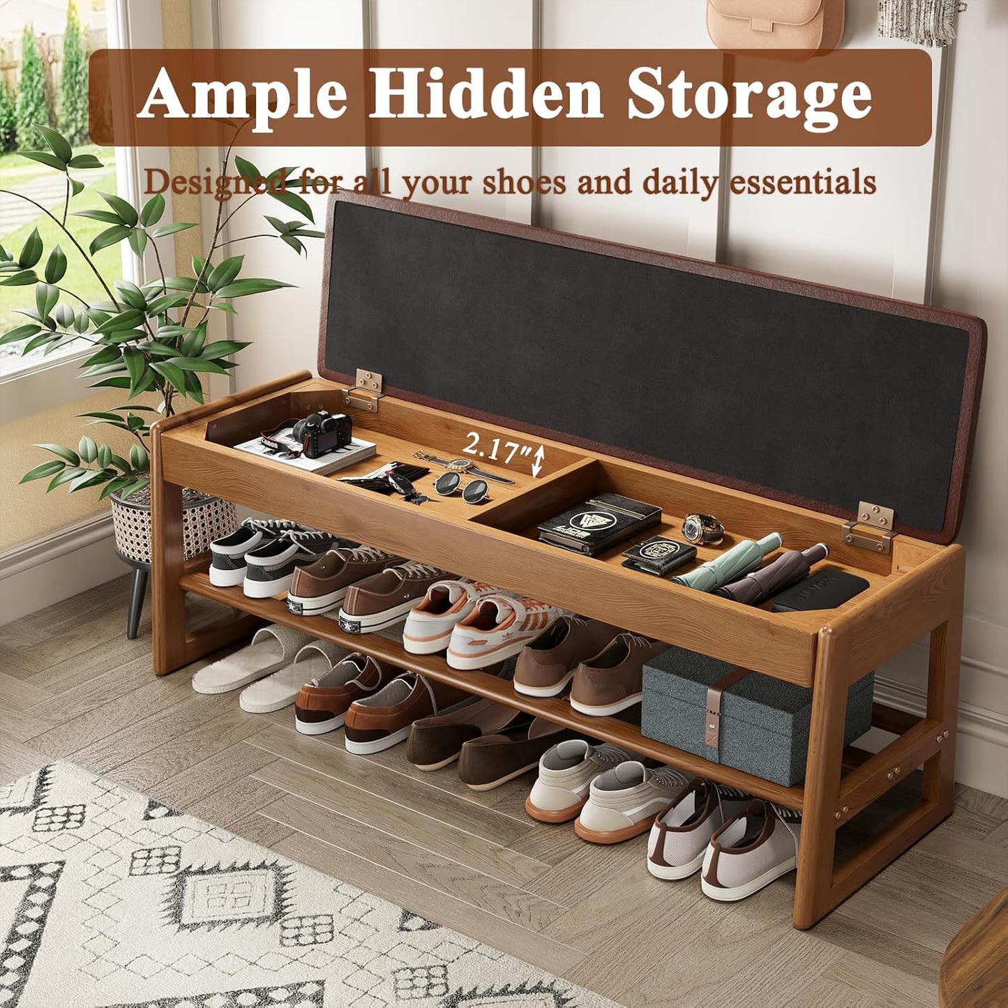 Shoe Rack Bench Seat Rubberwood 2-Tier Wooden Storage Bench 550lbs Compact Mid-Century Modern Design for Entryway, Hallway, Closet, Front Door Entrance, Foyer